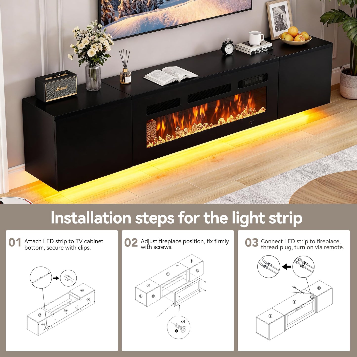 MXV 80'' Floating TV Stand with 40" Electric Fireplace, Modern Media Entertainment Center, TV Console Cabinet Wall Mounted with Adjustable 12-Color LED Lights, for Living Room, Black + Black