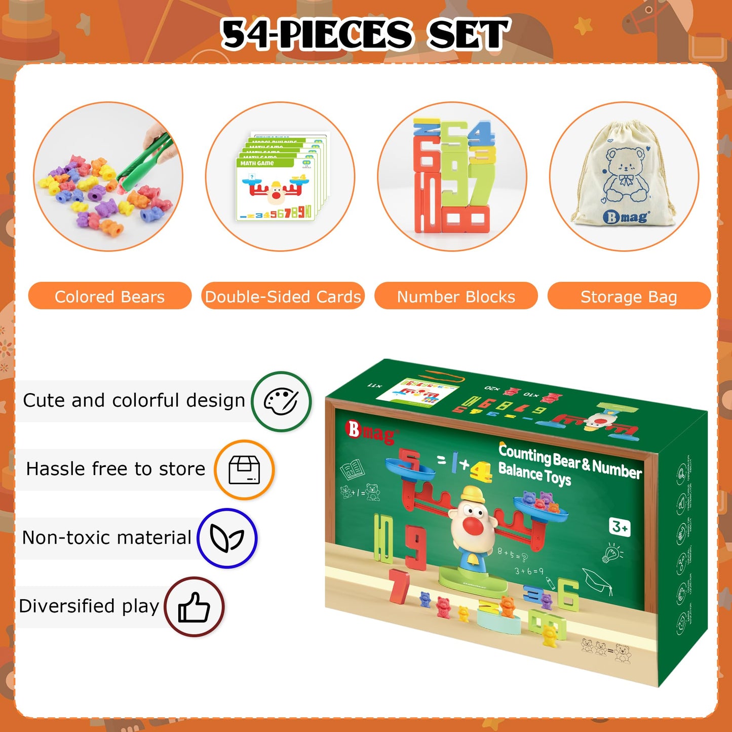 Bmag Balance Math Toys, 3 in 1 Counting Stacking and Balancing Math Learning Game for Kids, STEM Learning Activities Educational Toys with 30 Bears, 10 Numberblocks, 1 Tweezers, 11 Activity Cards