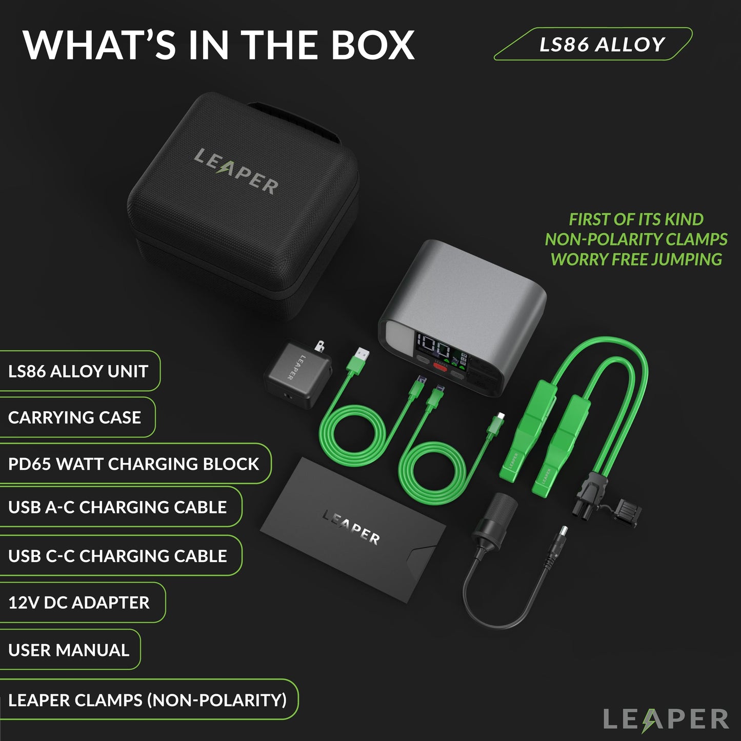 Leaper 12V Jump Starter, Black Aluminum Casing, 2000A Peak Current, 20000mAh Capacity, 3'' Digital Screen, Non-Polarized Green Clamps. Protective Carrying Case and a UL PD65W Premium Charger