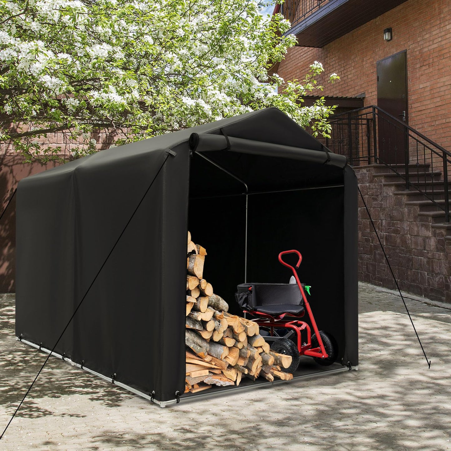 Goplus Portable Storage Shed, 7 x 5.2 x 5.4 Ft Heavy Duty Motorcycle Shed w/Roll-Up Zipper Door, Metal Frame, Waterproof Cover & Wind Rope, Outdoor Storage Tent Shelter for Bike, Garden Tools