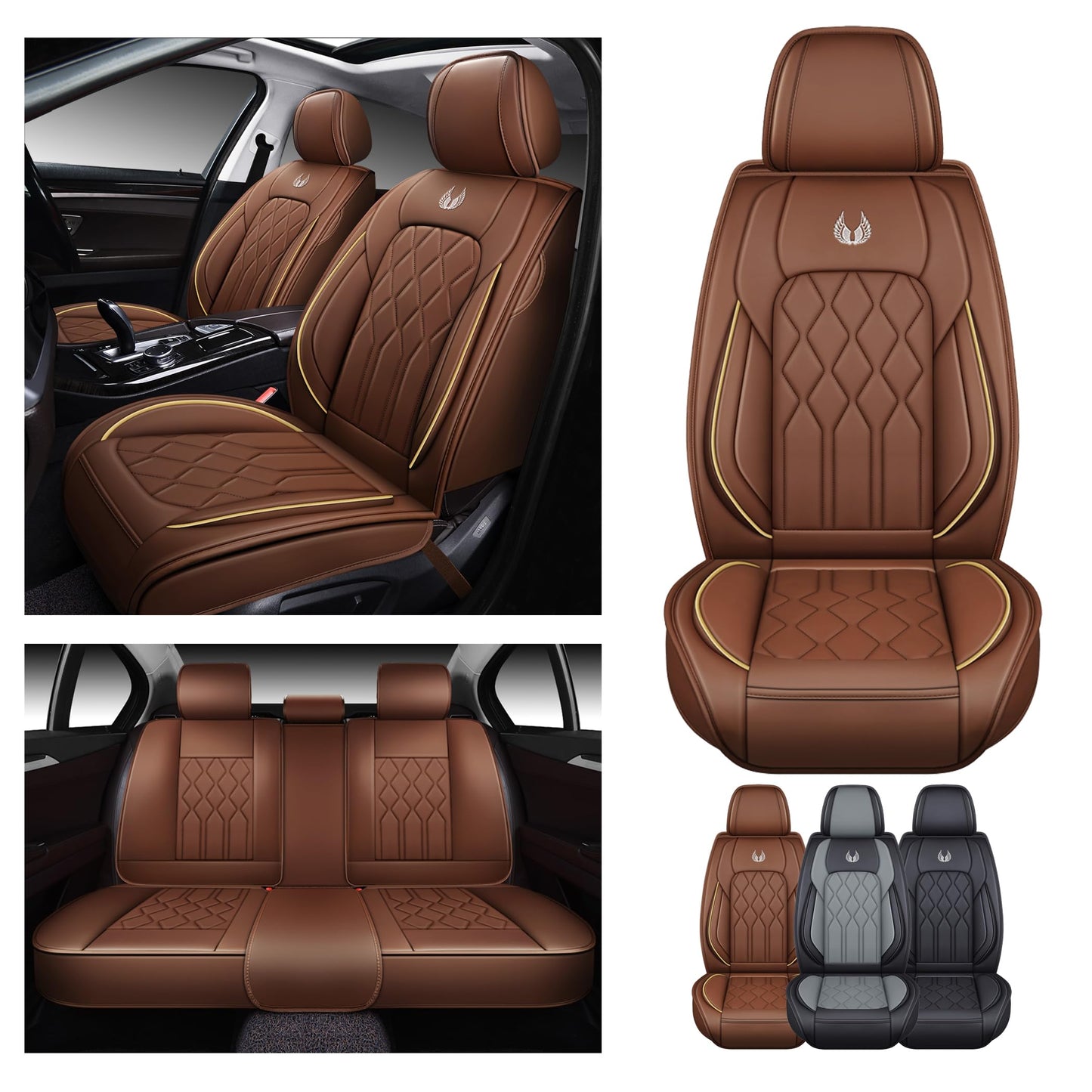 OASIS AUTO Car Seat Covers Premium Waterproof Faux Leather Cushion Universal Accessories Fit SUV Truck Sedan Automotive Vehicle Auto Interior Protector Full Set (Coffee)