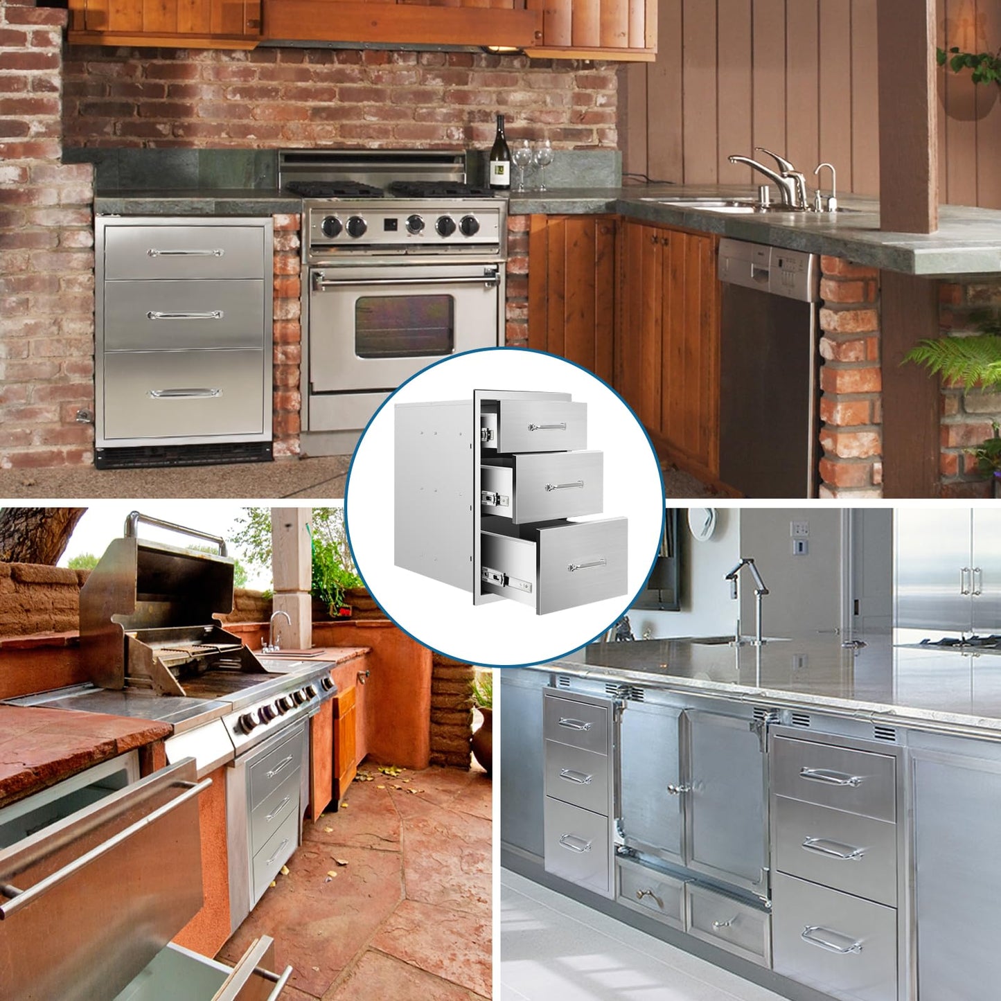 Outdoor Kitchen Drawers 14"Wx21"Hx23"D Flush Mount Access 3-Drawer BBQ Stainless Steel Drawers with Handle for Outdoor Kitchen Island or Grill Station