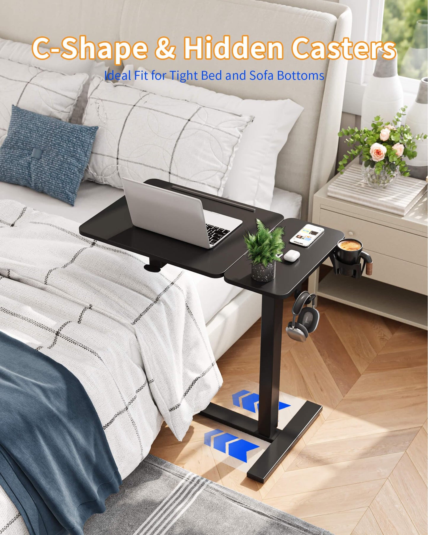 YIHAYO Electric Adjustable Overbed Bedside Table with Wheels, 24 x 16 Inches Mobile Standing Desk, Laptop Desk, Movable Overbed Tables Hospital Home Use, Black