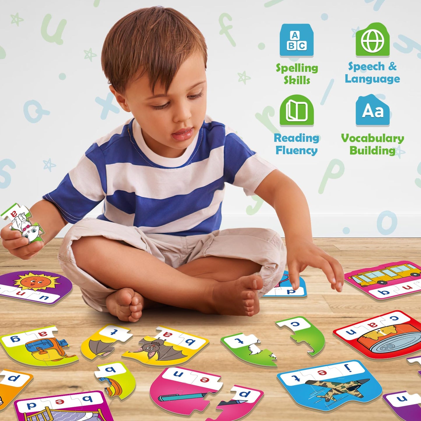HugHush CVC Puzzle Cards for Kids, Toddler Speech Therapy Toys, 3 Letter Word Puzzle, Reading Spelling Game, Preschool Classroom Must Have