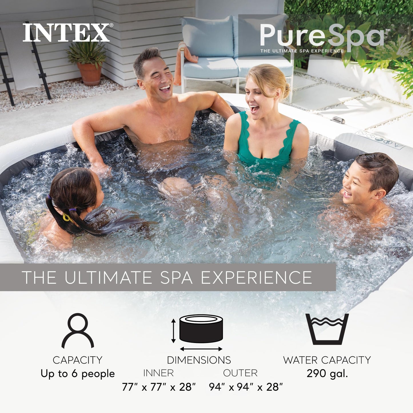 INTEX 28451EP PureSpa Greystone Deluxe Spa Set: Includes Energy Efficient Spa Cover and Wireless Control Panel – Spa Control App – Built-In FastFill Inflation System – 6 Person Capacity – 77" x 28"