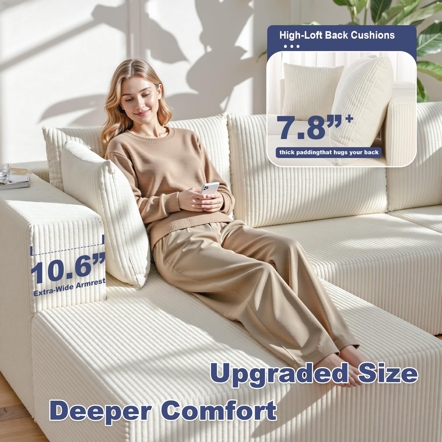 108" Boneless Couches for Living Room, Modular Cloud Couch Sofa - L Shap Corduroy Sectional Sofa, Fluffy Memory Foam Sleeper Sofa Furniture, No Assembly, Wide Armrest, Beige