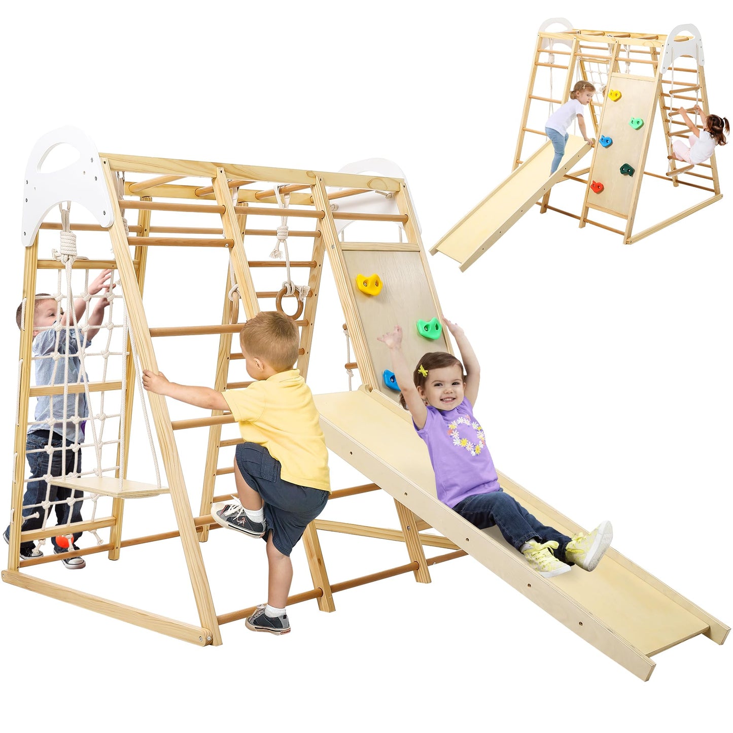 Hipicute 8-in-1 Climbing Toys for Toddlers, Indoor Playground Climber Playset, Wooden Climbing Gym with Swing, Slide, Climbing Wall, Jungle Gym for Kids Aged 3-8