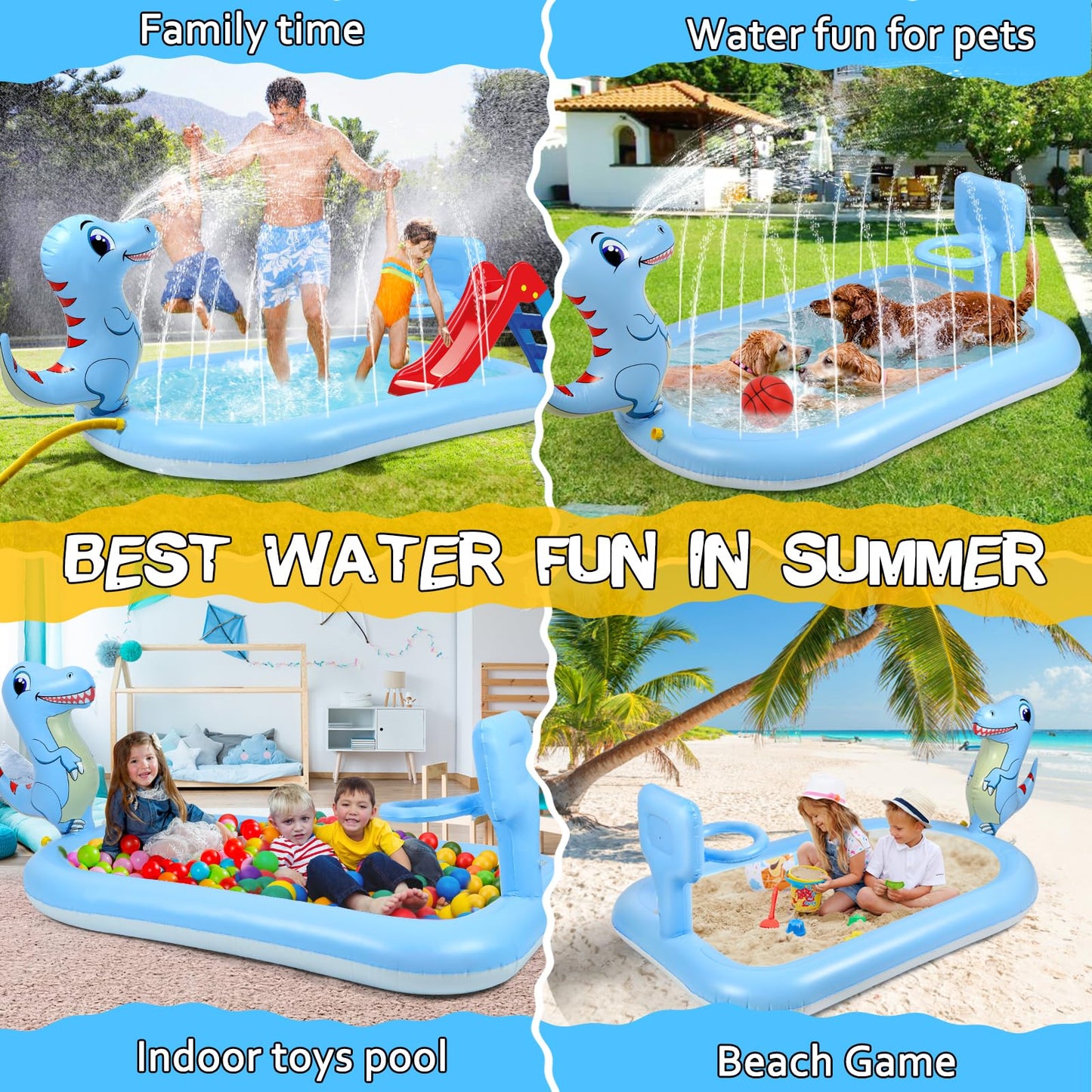 Splash Pad Sprinklers for Kids, 3 in 1 Inflatable Kiddie Pool Play Center Including Basketball Game and Ring Toss Game, 63inch Dinosaur Design Indoor Outdoor Water Play Mat for Toddlers 3-5 Boys Girls