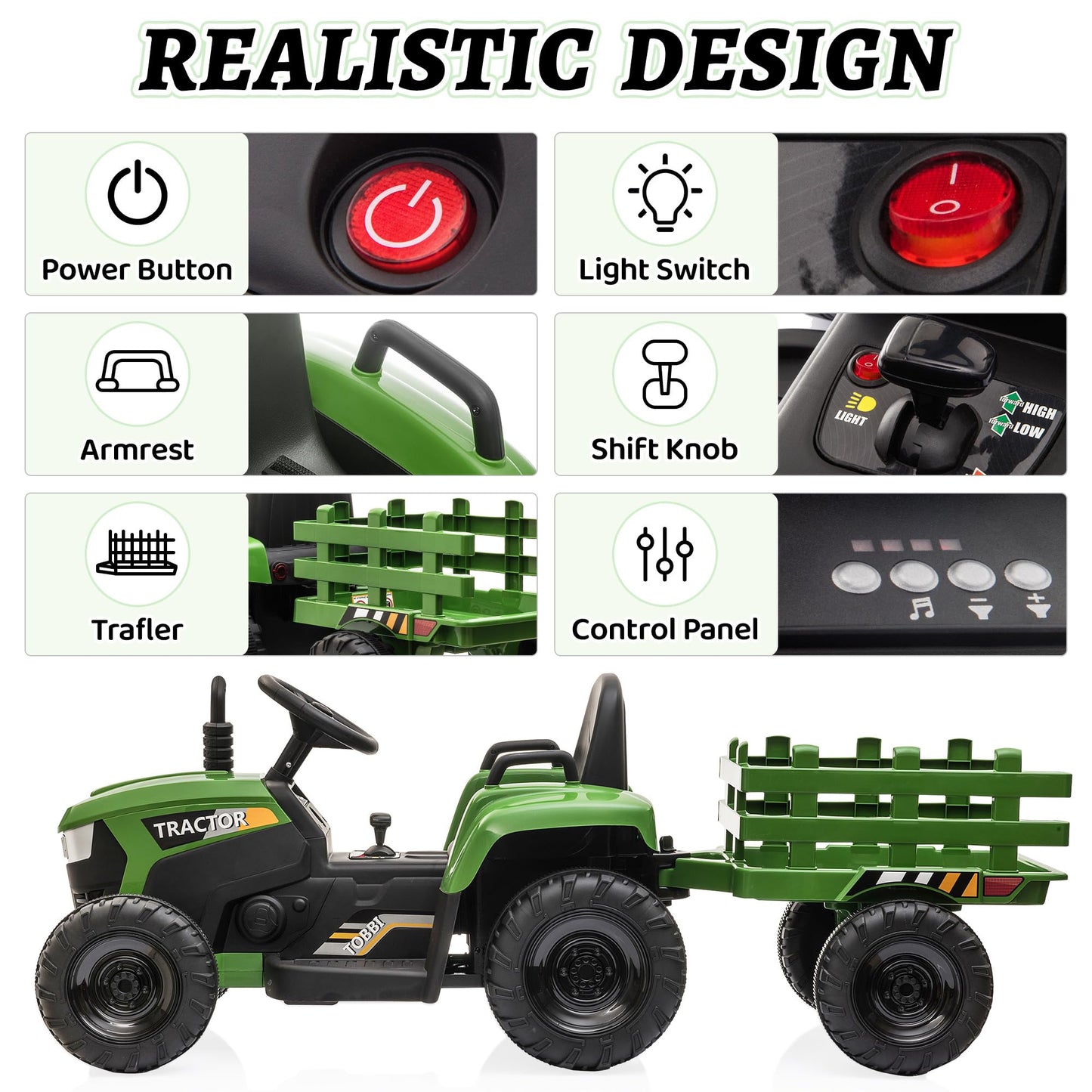 TOBBI Kids Electric Ride On Toy Tractor, Toddlers 12V Battery-Powered Car to Drive, 35W Dual Motor 6-Wheels Trailer Vehicle with 3-Speeds/LED & Horn Functions for Chirdren Aged 3-6-Dark Green