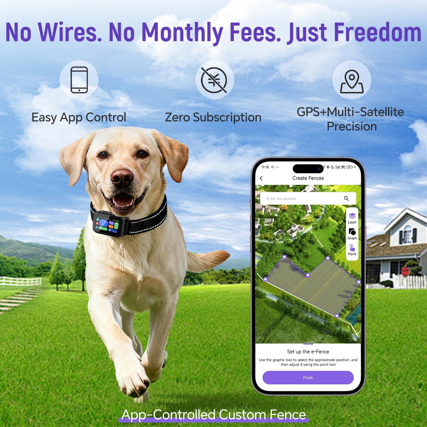 RAINLEOTI GPS Wireless Dog Fence – with Dog Collar & Free App, Custom GPS Fence, Beep/Vibration/Static Modes, IP67 Waterproof, Long Battery Life, for Dogs 10–120 lbs