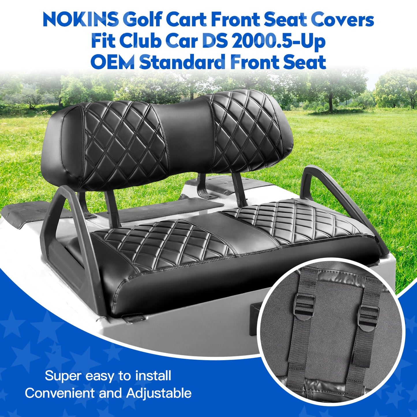 NOKINS Golf Cart Seat Covers for Club Car DS 2000.5-Up,Vinyl Front&Rear Seat Cover with Flip-Up Armrests kit,with Cup Holder, for 1" Square Tube(Black&Black Stitching)