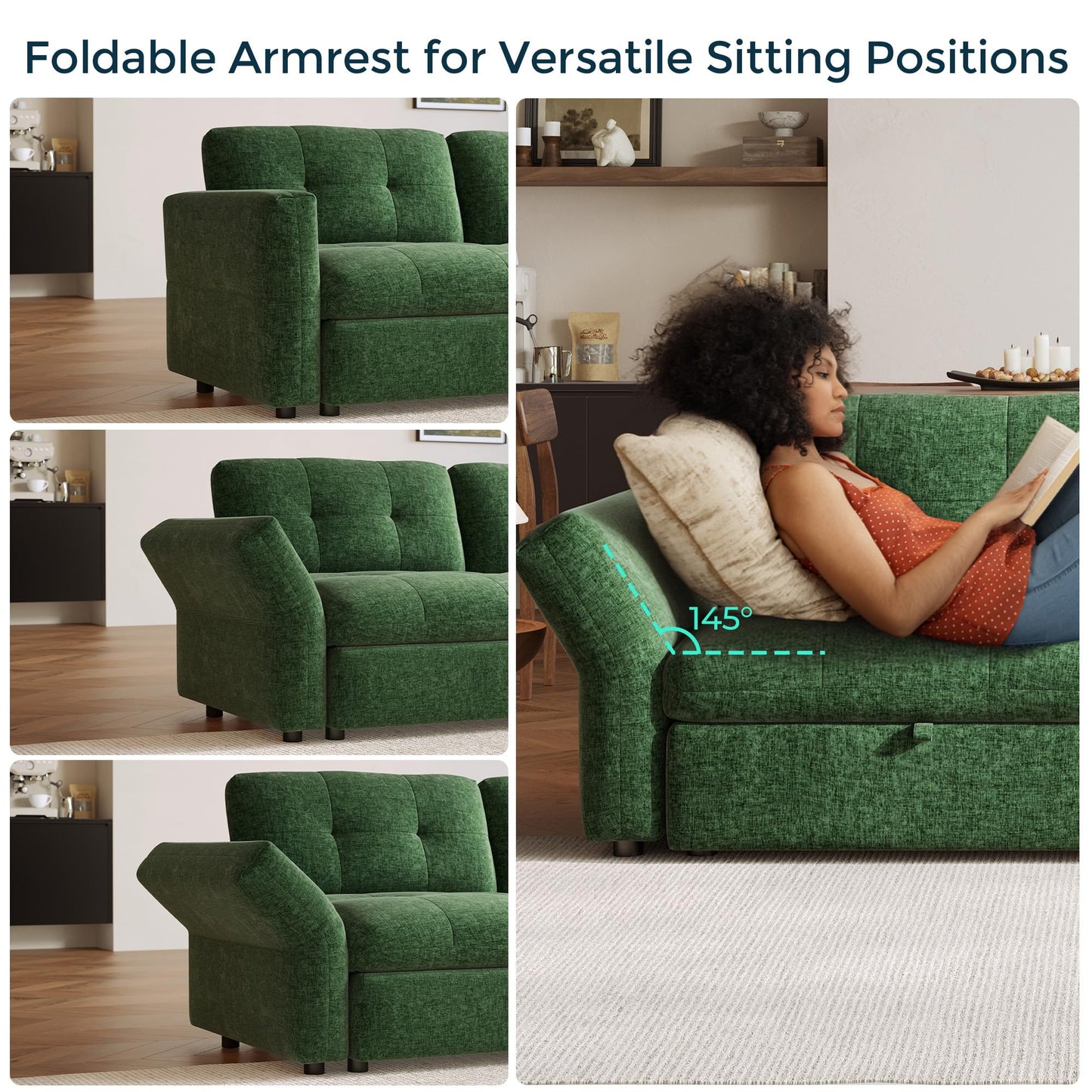 LINSY Oversized Sectional Sleeper Sofa 118" Pull Out Couch with Storage Chaise, Convertible Sofa Bed with Memory Foam Topper, Comfy L Shaped Couches for Living Room Apartment Dorm Room, Green