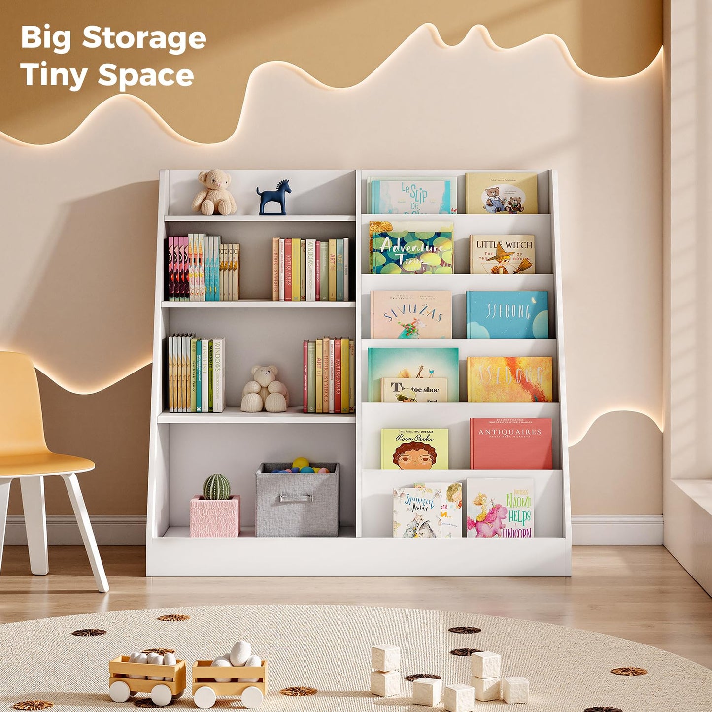 Tatub 6 Tier Kids Wooden Bookshelf and Toy Storage, Children Toy Organizer with Upgraded Book Shelves, Toddler BookRack Baby Bookcase for Nursery, Playroom and Classroom, White