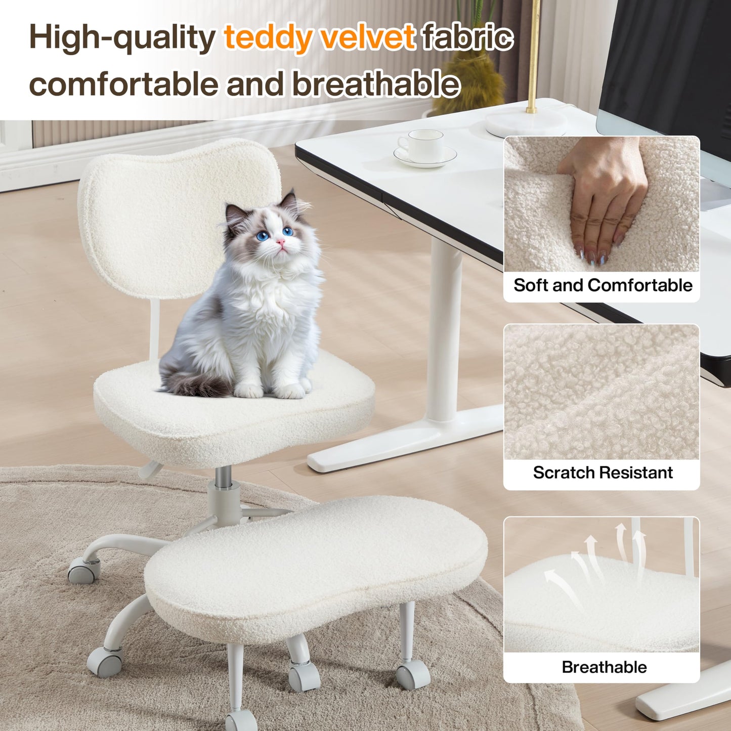 Fizzin Cross Legged Office Chair, Criss Cross Chair with Wheels Height Adjustable Seat for ADHD 360° Swivel Meditation Chair Chic Home Office Furniture (White-New)