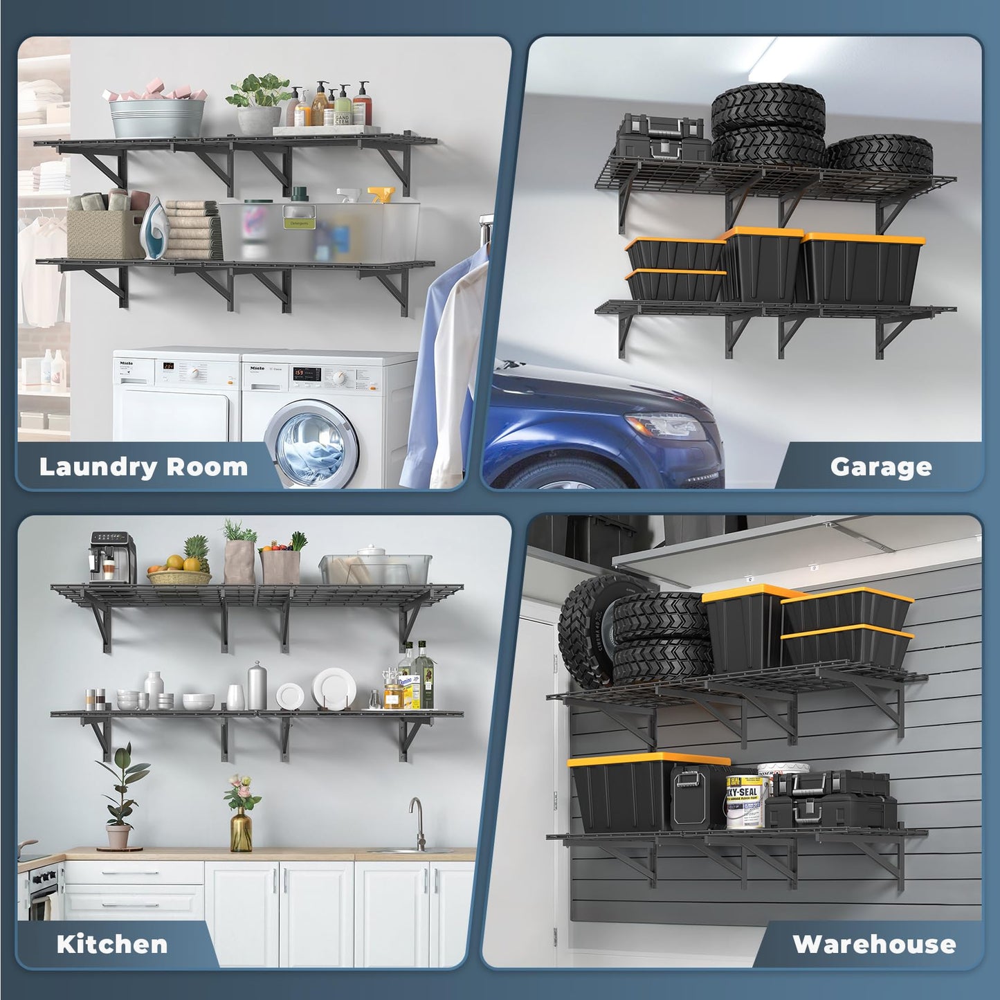 Jusgym 4 Pack Heavy Duty Garage Wall Shelving Set (2x3ft), Wall Mounted Garage Shelves 1400lbs Capacity, 24"x72" Shelf Storage Rack Floating Shelves, Black