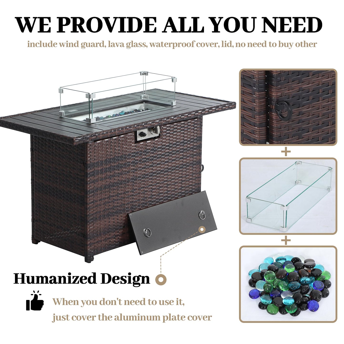 EortheX 44 Inch Propane Fire Pit, Steel Gas Fire Feature Table with Iron Lid,Glass Rock, Rain Cover and Tempered Glass Wind Guard for Outside Garden Backyard Deck Patio
