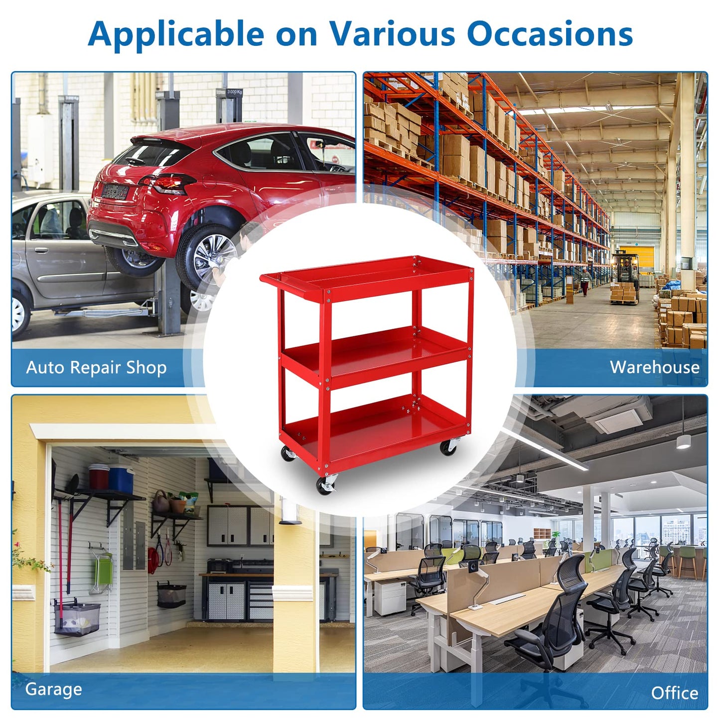 TUFFIOM 3 Tier Rolling Tool Cart, 330 Lbs Capacity, Red, 3 Shelves Steel Utility Cart for Garage, Workshop, Warehouse & Repair Shop