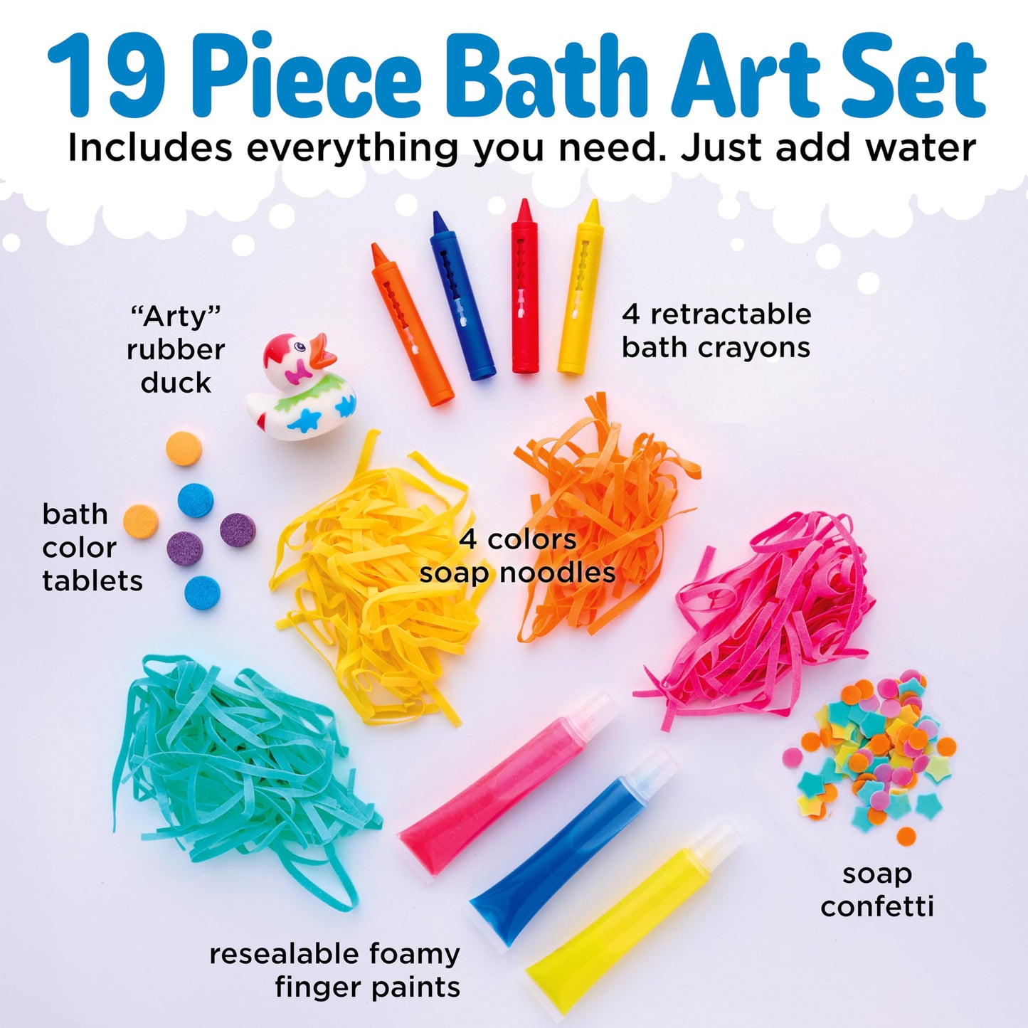 Creativity for Kids Soap Noodles Bath Art Studio – Bath Crayons, Soap Paint, Color Fizz & Confetti with Mold-Free Rubber Duck | Washable Bathtub Art & Sensory Toy Set for Toddlers and Kids (Ages 3+)