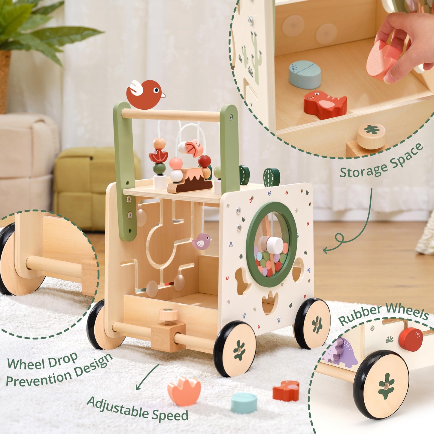 KizKnows Wooden Baby Push Walker 6-in-1 Dinosaur Activity Center for Toddlers Montessori Toys with Wheels Adjustable Speed with Brake & Shape Sorter Gifts for Boys Girls 12M+