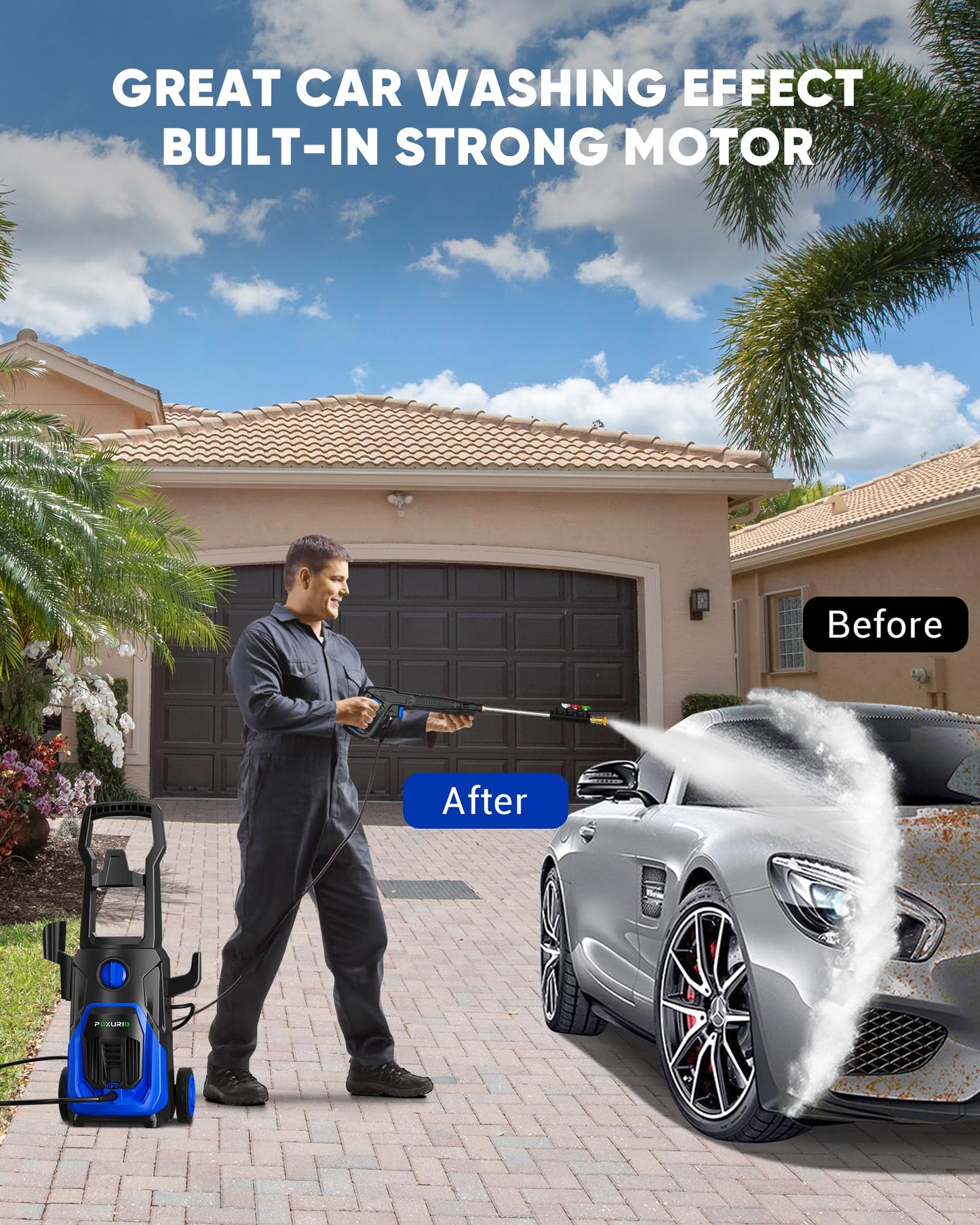 POXURIO Electric Pressure Washer, 4000PSI 2.8GPM Power Washer, 3-in-1 Self-Priming High Pressure Cleaning Machine with Foam Cannon for Cars/Fences/Driveways/Patios/Home Cleaning