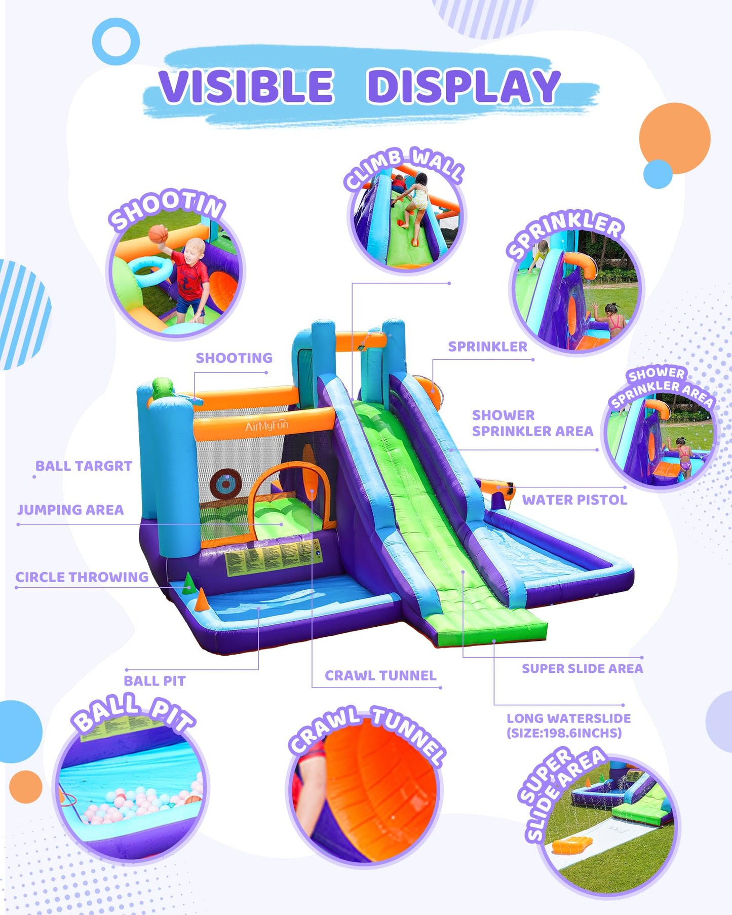 AirMyFun Inflatable Bounce House, Water Bounce House for Big Kids, Extended Slide Bounce House, 10 in 1 Water Park Dry and Wet Double Use, Jumping Castle with 750 Blower
