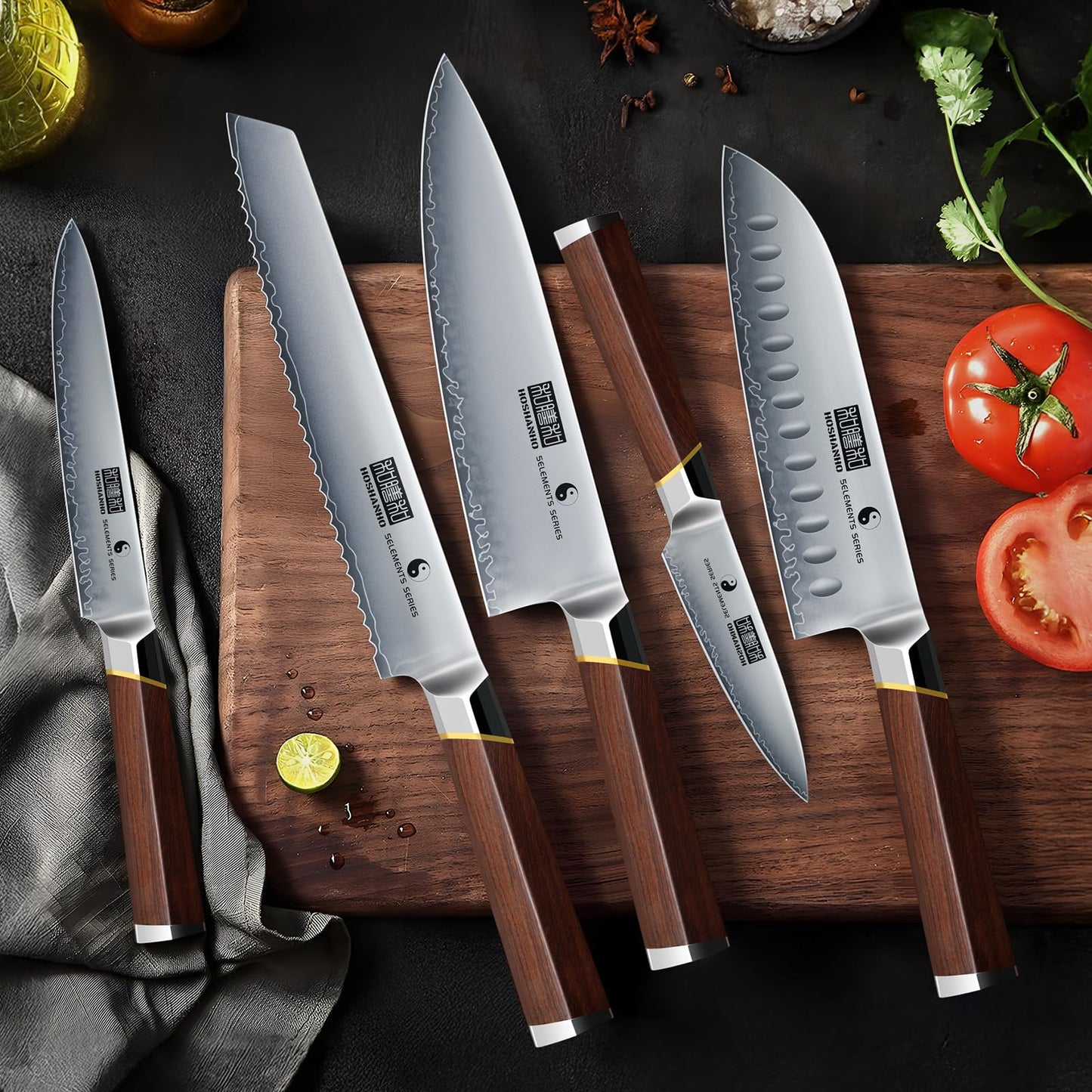 HOSHANHO 8 Pieces Knife Set with Magnetic Block, Ultra-Sharp High-carbon Steel Kitchen Knife Set, Professional Knife Block Set with Ergonomic Wooden Handle & Sharpener