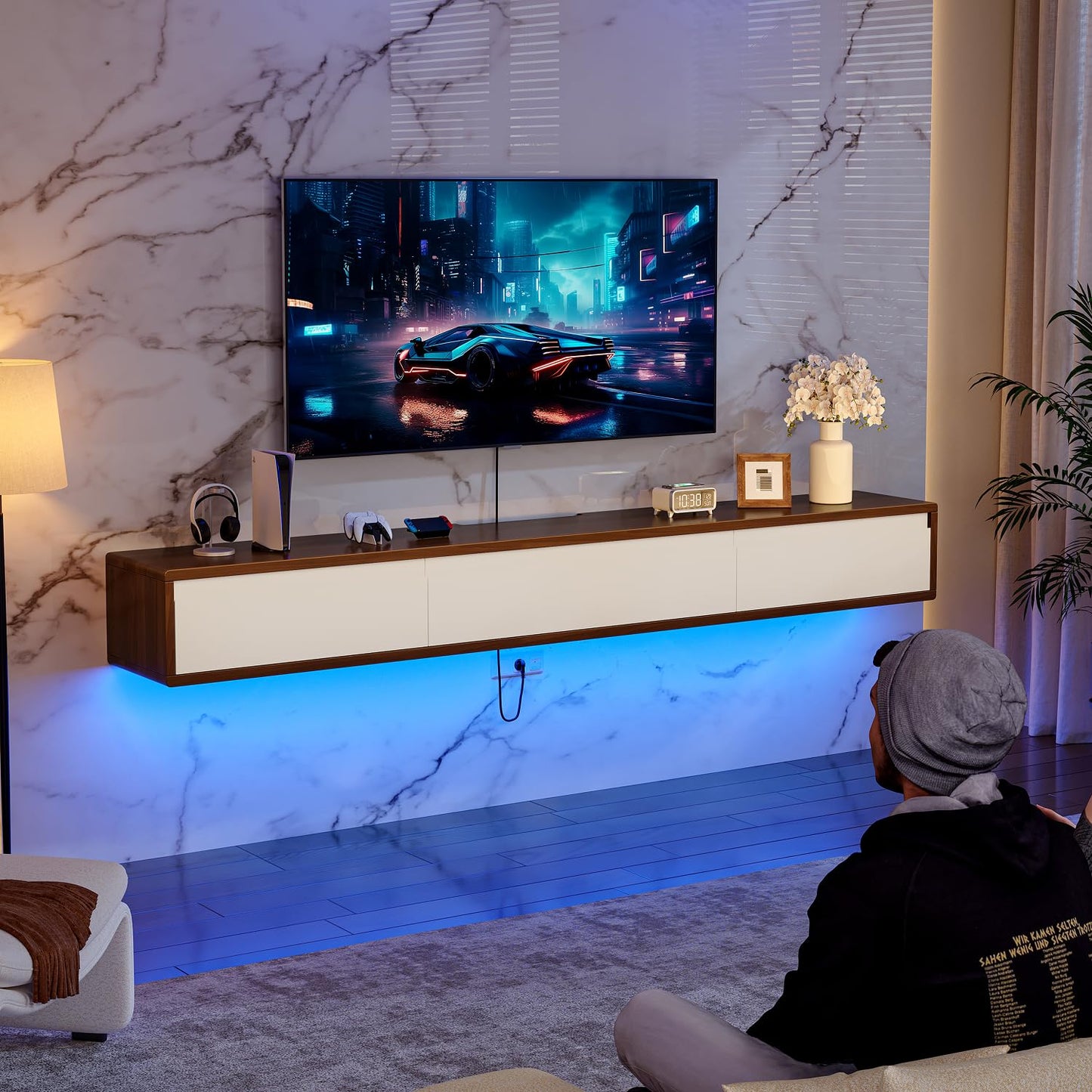 FurniNova Fully Assembled Floating TV Stand,High Gloss Wall Mount TV Console with 3 Doors, Under TV Shelf Entertainment Center for Living Room Bedroom,Walnut+White 47IN