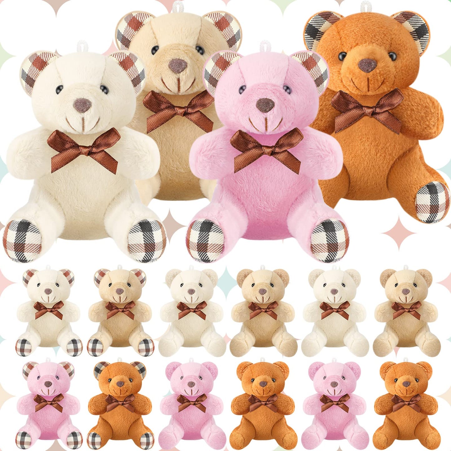 Skylety 16 Pcs Mini Plush Bear Bulk 4 Inch Bear Stuffed Animal Toy Doll Small Soft Keychain Gifts for Birthday Baby Shower Wedding Party Favor(Light Brown, Dark Brown, Pink, Beige)