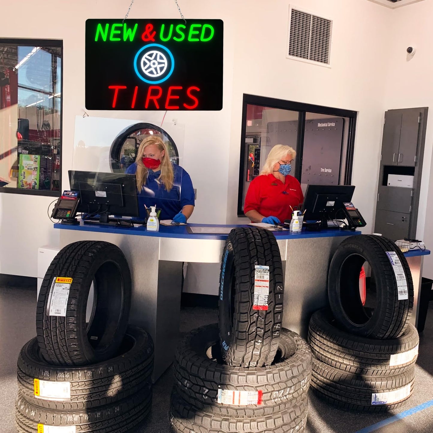 JFLLamp Large NEW&USED TIRES Neon Signs for Wall Decor Business Neon Lights for Bedroom Led Signs Suitable for Office Man Cave Bar Christmas 12V Power Adapter, 23.6*15.7 Inch(Red + Grenn+White +Azure)