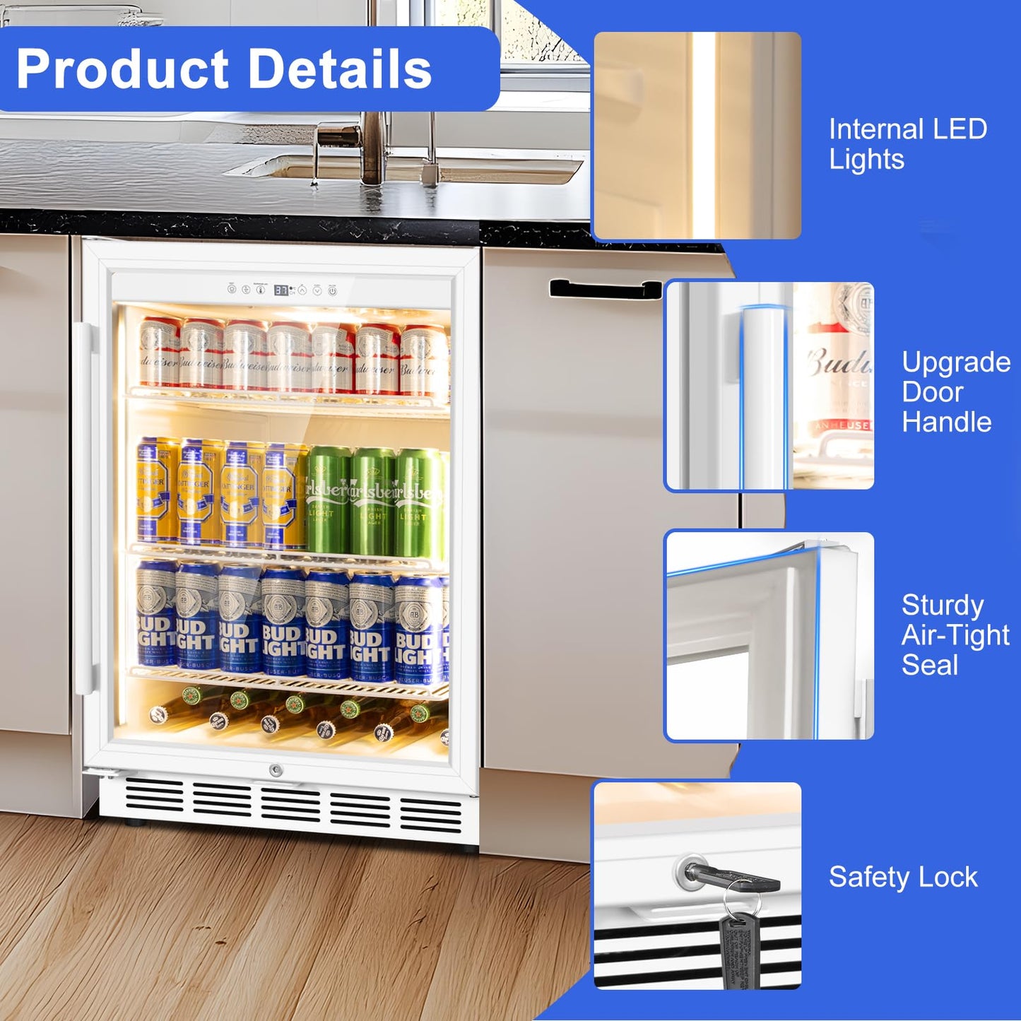 FoMup 24 Inch Beverage Refrigerator with Glass Door, Undercounter Beverage Fridge 200 Cans Large Capacity, Beverage Cooler for Beer Soda with Reversible Door, Temperature Control, Safety Lock, White