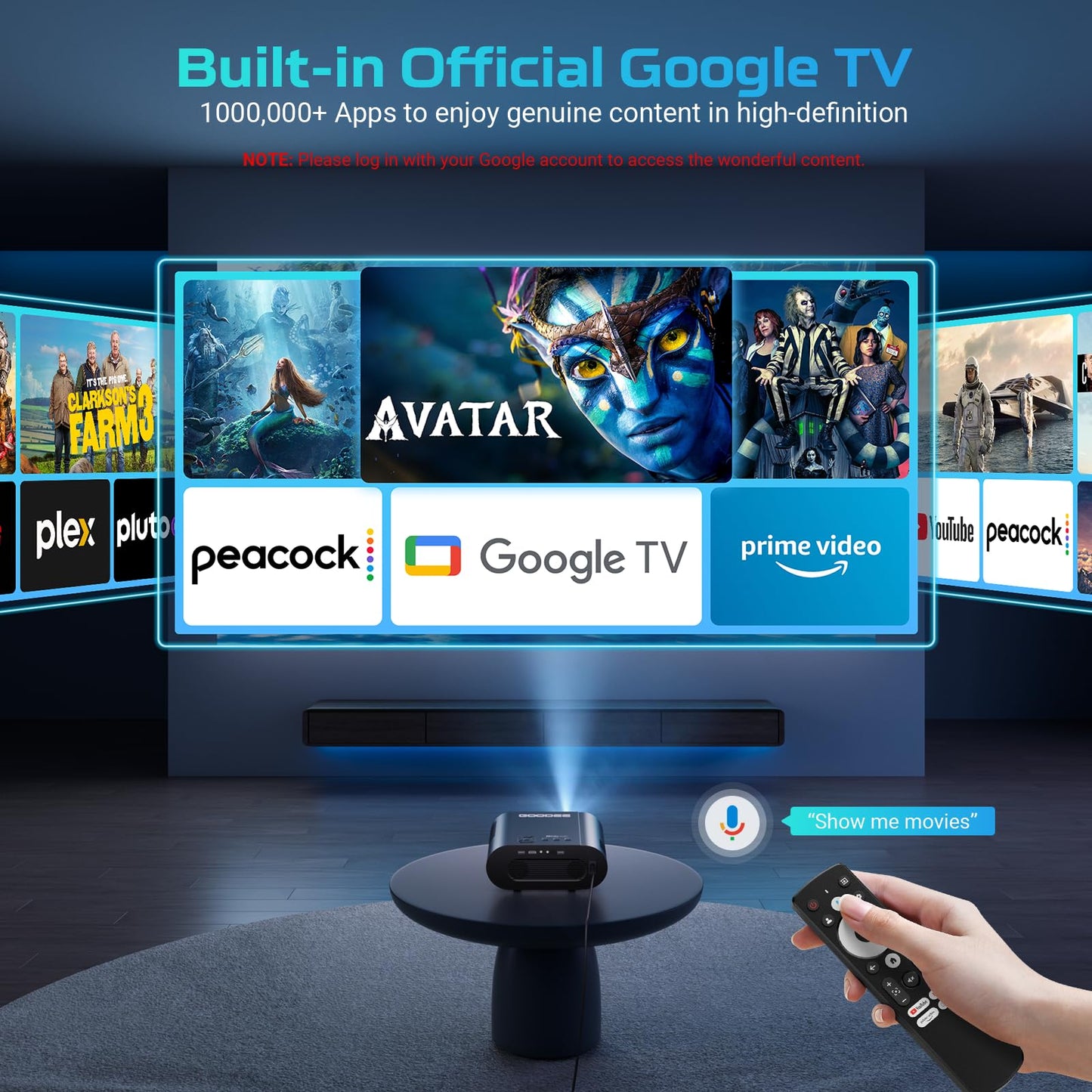 [Google TV/Voice Control]GooDee 4K UHD Smart Projector with WiFi and Bluetooth, Portable Movie Projector Applicable to Prime Video,YouTube Built-in, Dolby Sound Home Theater for Indoor/Outdoor