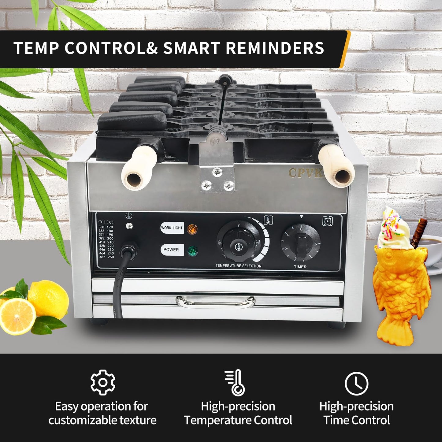 CPVKRY Taiyaki Fish Waffle Maker 110V/Commercial Ice Cream Waffle Maker/Stainless Steel Taiyaki Maker/With 122-572℉ Temp Range and Time Control, Teflon-Coated Baking Pan