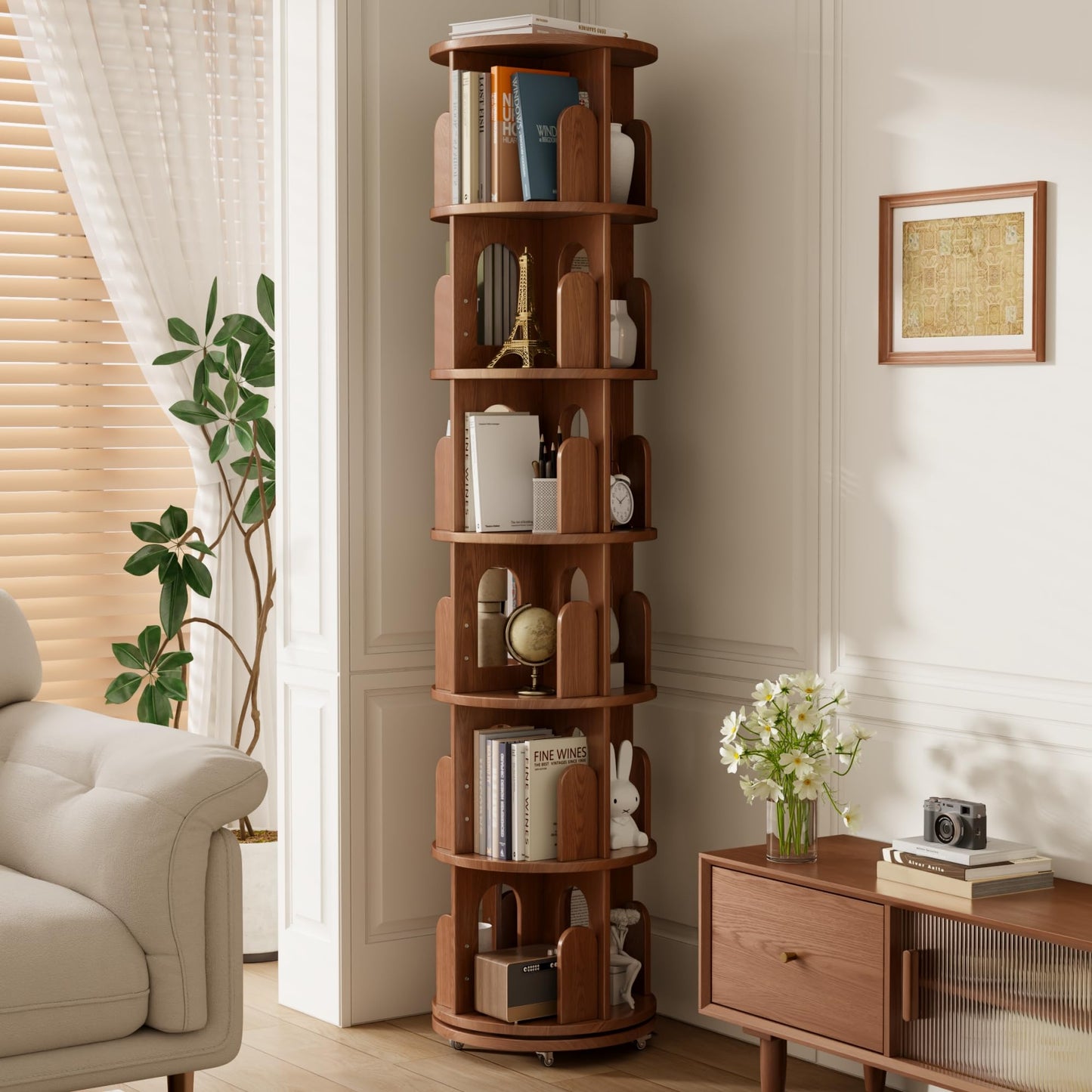 DONGMUWUJEE Solid Wood Rotating Bookshelf Tower, 6 Tier Corner Bookshelf with Bookends, Kids Spinning Book Shelf with Wheels, Revolving Bookcase Shelf, Tall Narrow Bookshelves for Small Spaces, Walnut