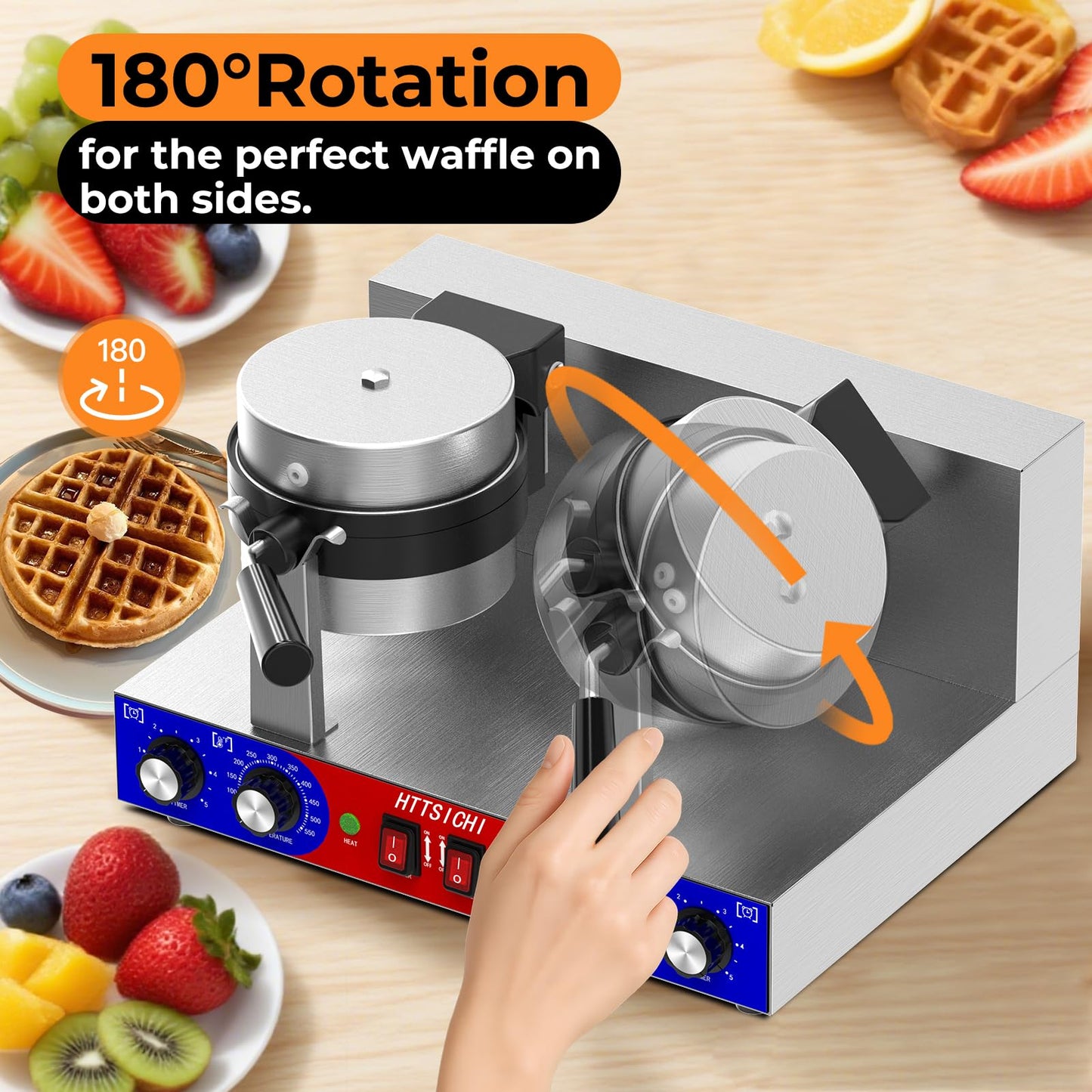 HTTSICHI Commercial Belgain Waffle Maker - Rotating Double Waffle Maker w/Non-stick and 1.2 in Thick, Filp Belgian Waffle Machine w/ 122-572℉ Temp Range and Timer, Stainless Steel Waffle Iron, 2400W