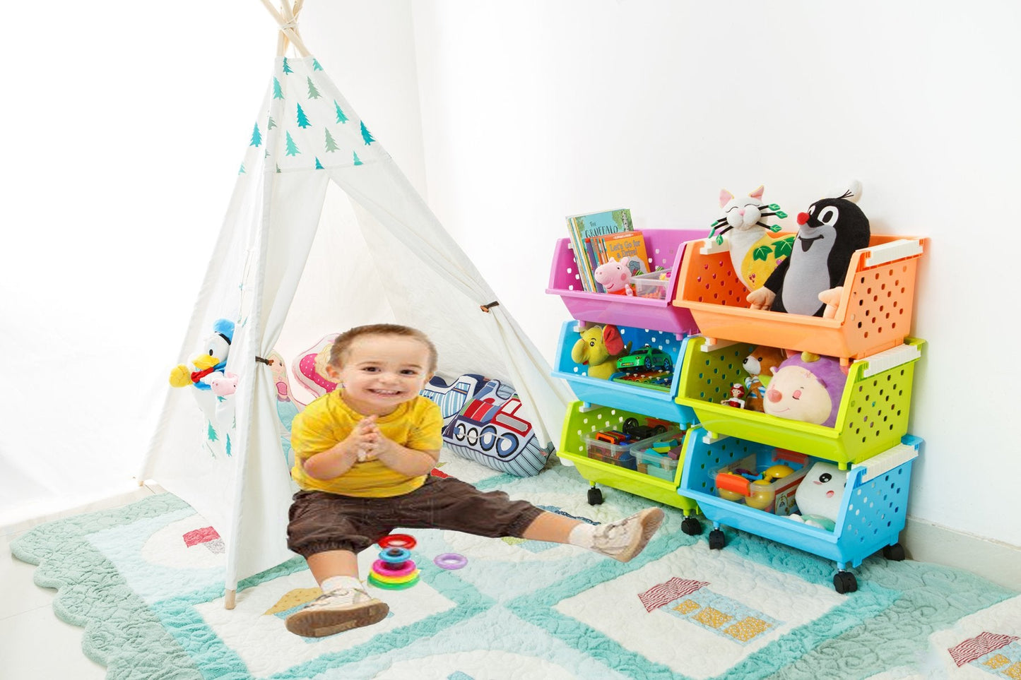 MAGDESIGNER Kids' Toys Chest Large Baskets Storage Bins Organizer with Wheels Can Move Everywhere Natural/Primary (Primary Collection) (6 Baskets Choose)