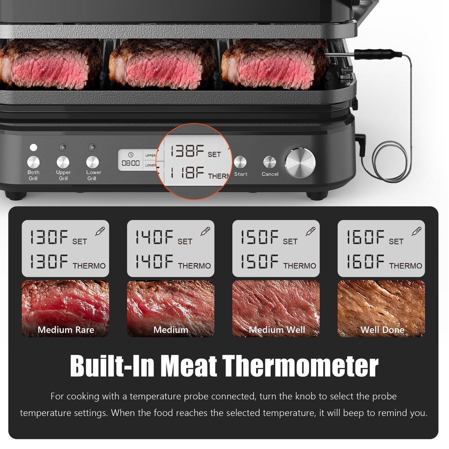 CATTLEMAN Panini Grill Press Sandwich Maker with Removable Plates, 1600W, 5 in 1 Smokeless Indoor Grill & Griddle with Meat Thermometer, PFAS Free Ceramic Nonstick Reversible Plates, Opens Flat