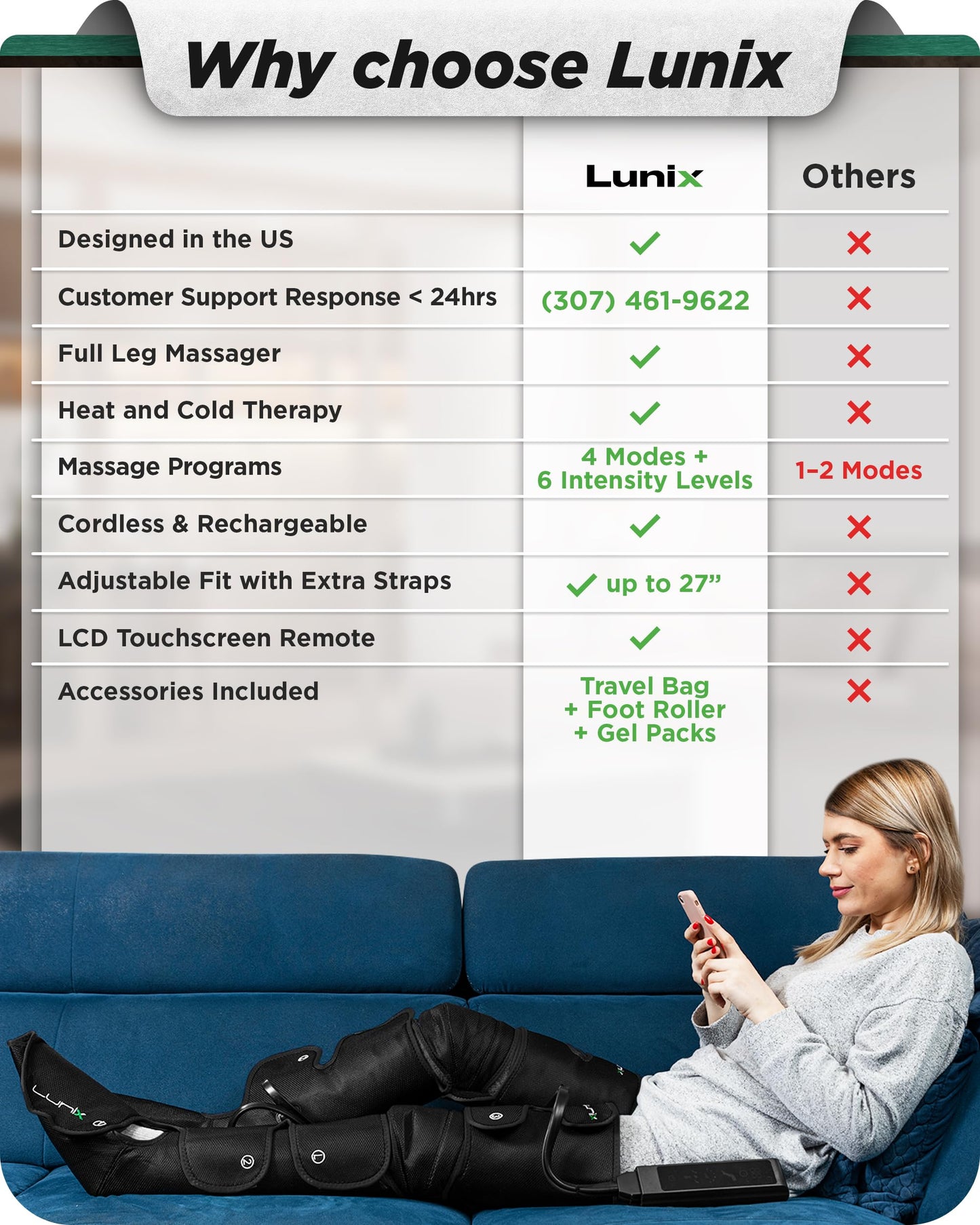 Lunix LX10 Full Leg Massager with Heat & Air Compression, Foot Calf and Thigh Massage Boots for Everyday Recovery, Adjustable Fit, Cold Therapy Option, Handheld Controller, Charcoal Black