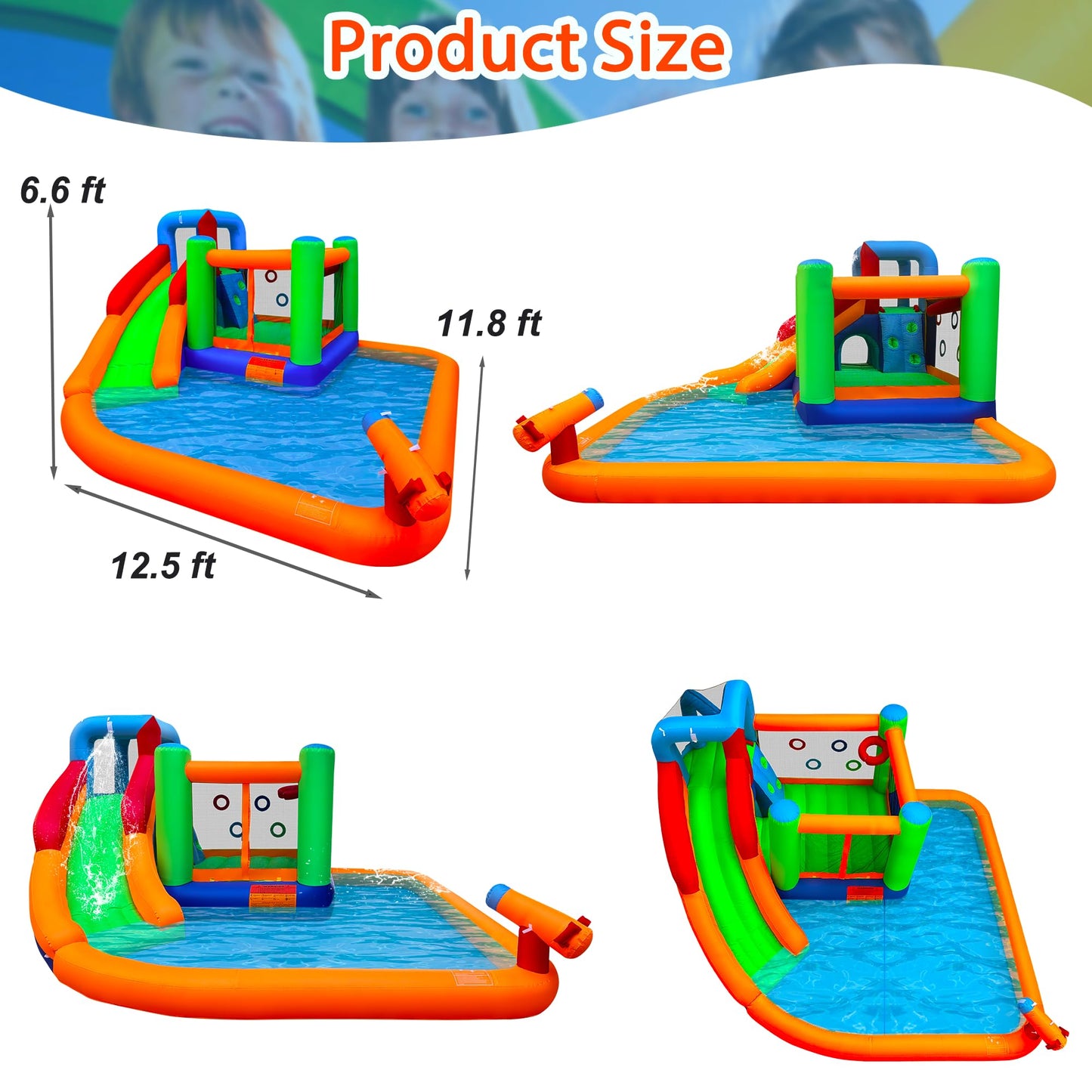 Inflatable Water Slide Spin Combo Jumper Bounce House with Large Slide, Bounce Area, Climbing Wall, Splash Pool, Water Cannon, Basketball Rim, Blower for Backyard Party