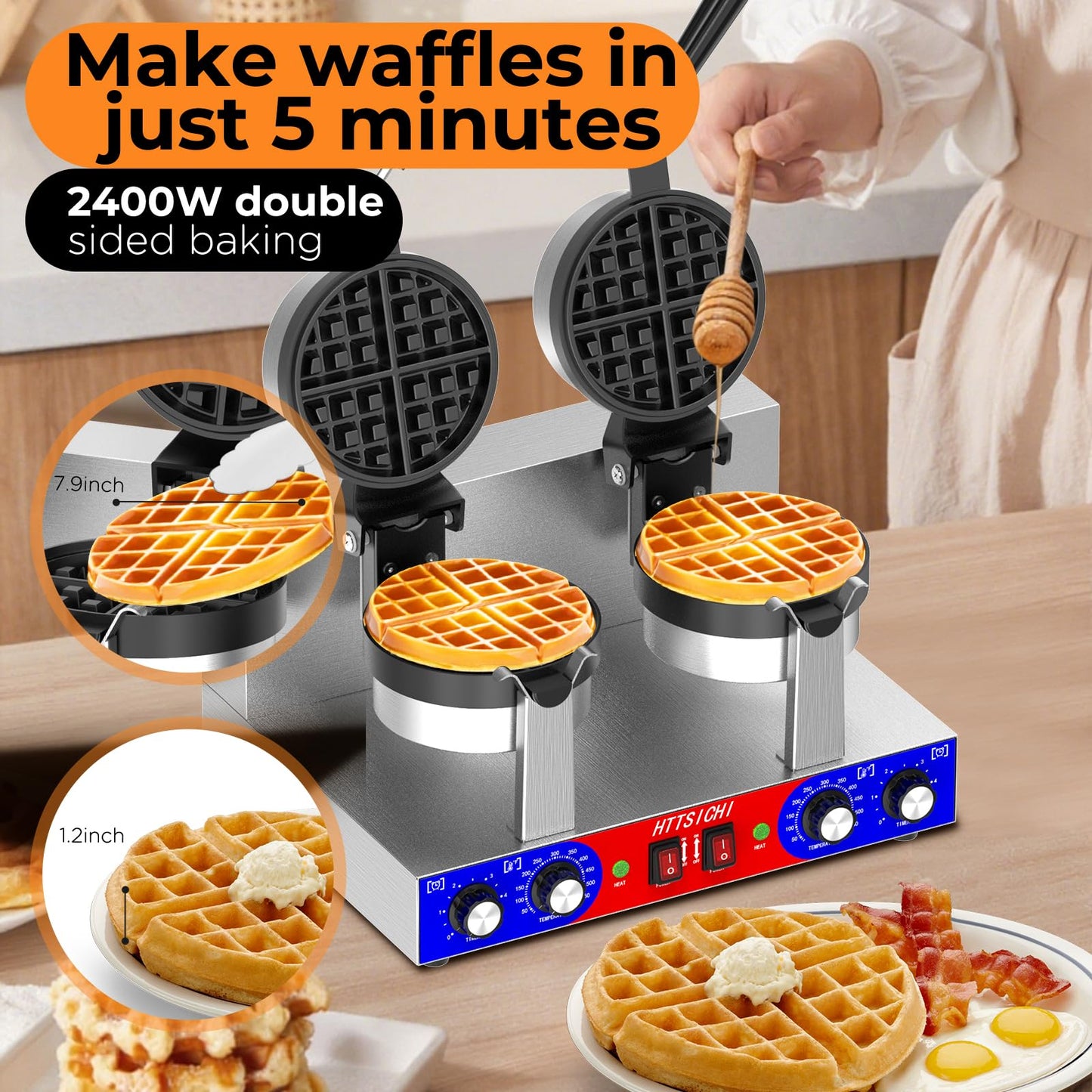 HTTSICHI Commercial Belgain Waffle Maker - Rotating Double Waffle Maker w/Non-stick and 1.2 in Thick, Filp Belgian Waffle Machine w/ 122-572℉ Temp Range and Timer, Stainless Steel Waffle Iron, 2400W