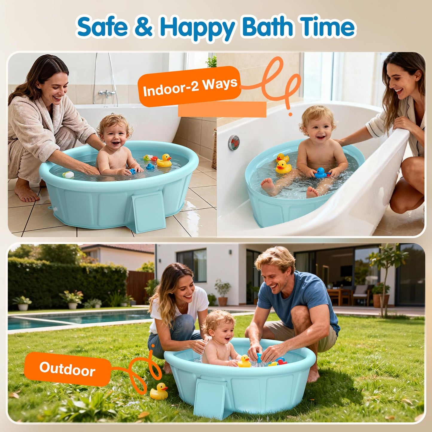 Baby Bathtub with Inflatable Top Edge, Extra Stable Infant Bath Tub, Collapsible & Portable for Baby Bath Time, No Tilt Design for 12M-6Y Toddler, No Assembly for Travel Shower