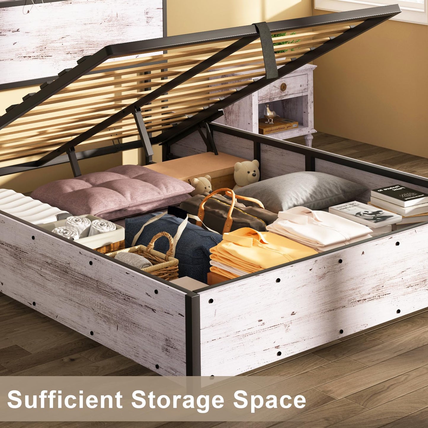 AMERLIFE King Size Lift Up Storage Bed Frame, Wooden Platform Bed Frame with Lifting Storage & Charging Station, No Spring Box Needed/Noise Free, White Birch
