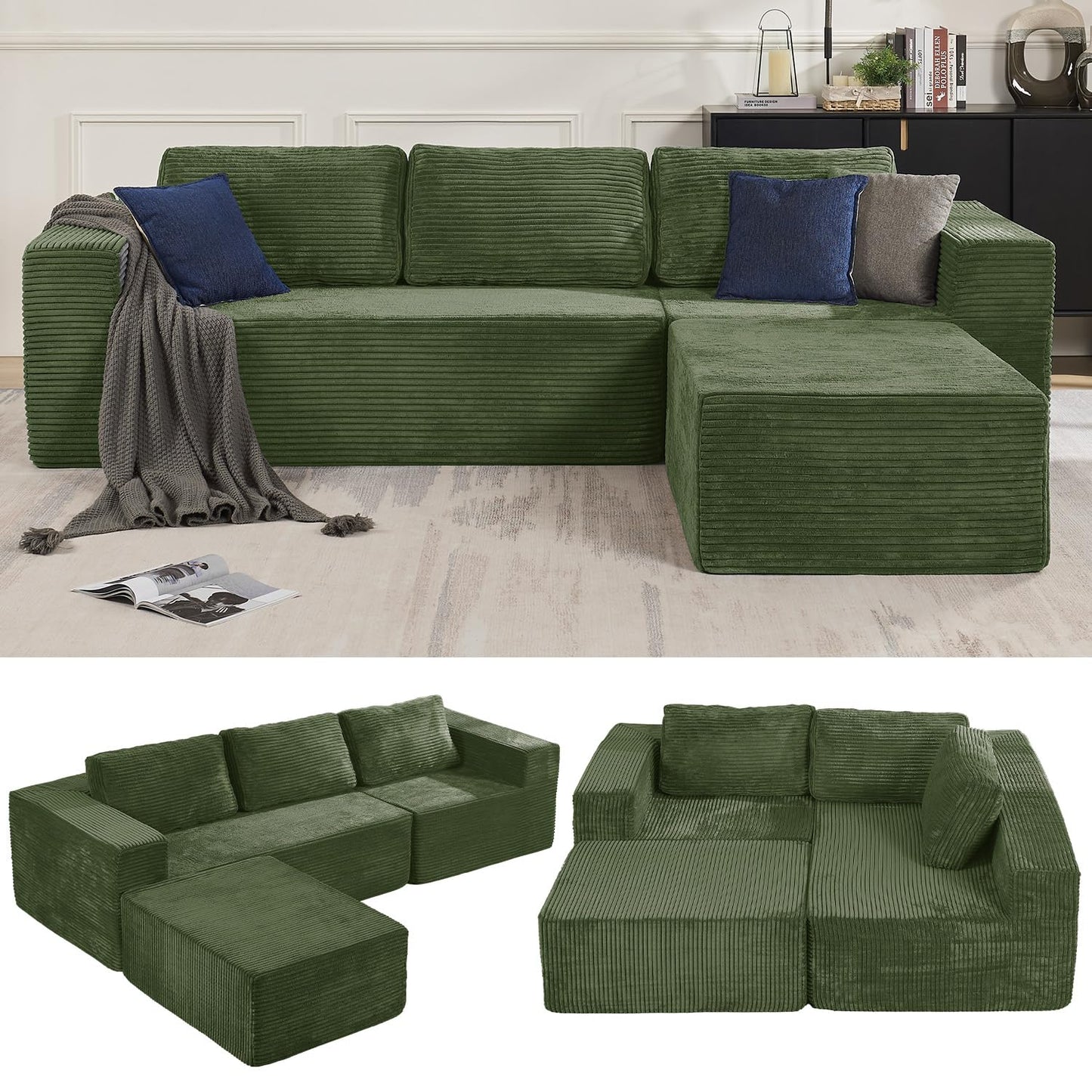 Furnify 106" Modular Sectional Sofa with L-Shape Chaise, Right/Left Facing Deep Seat Cloud Couch, No Assembly Required, Upholstered Couch for Living Room Bedroom (Plush Corduroy Fabric, Green)