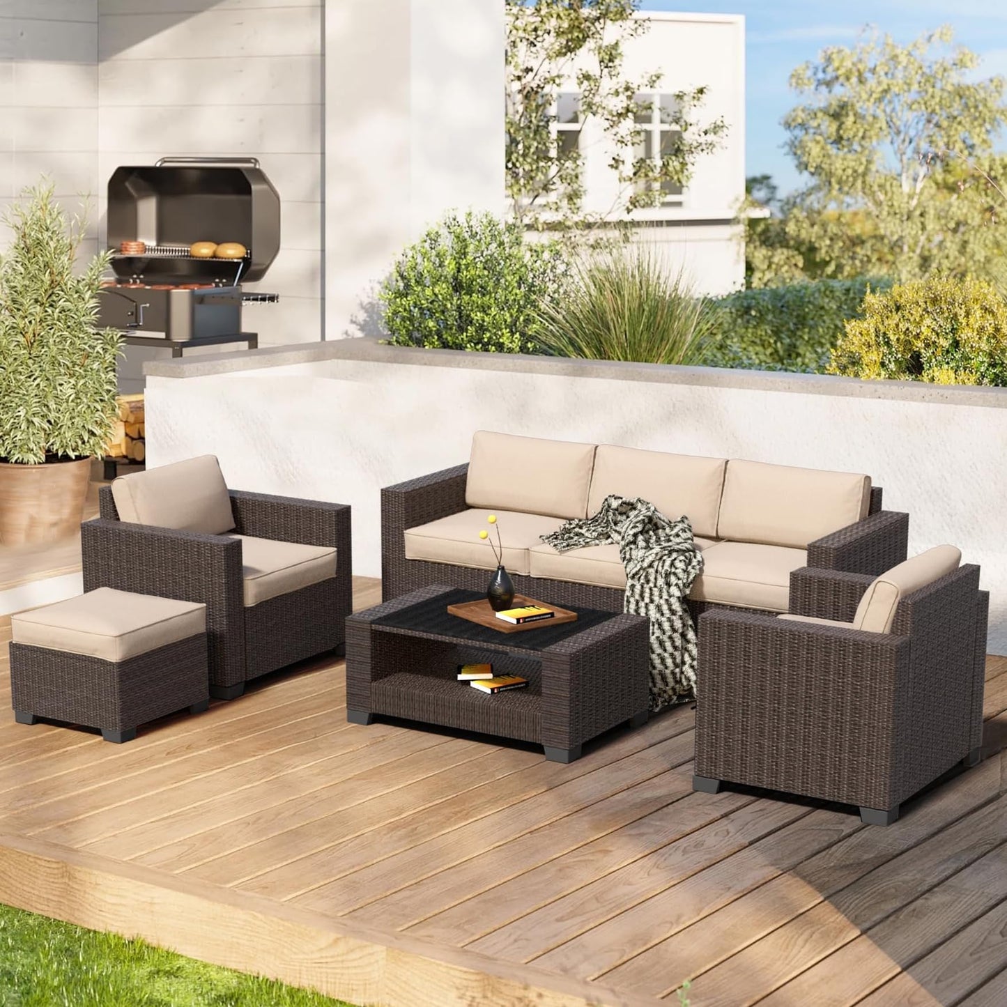 7 Pieces Patio Furniture Set Wicker Outdoor Furniture All-Weather Outdoor Sofa with Thick Cushions & Coffee Table Patio Conversation Set for Lawn, Patio, Balcony, Deck, Poolside, Brown&Beige