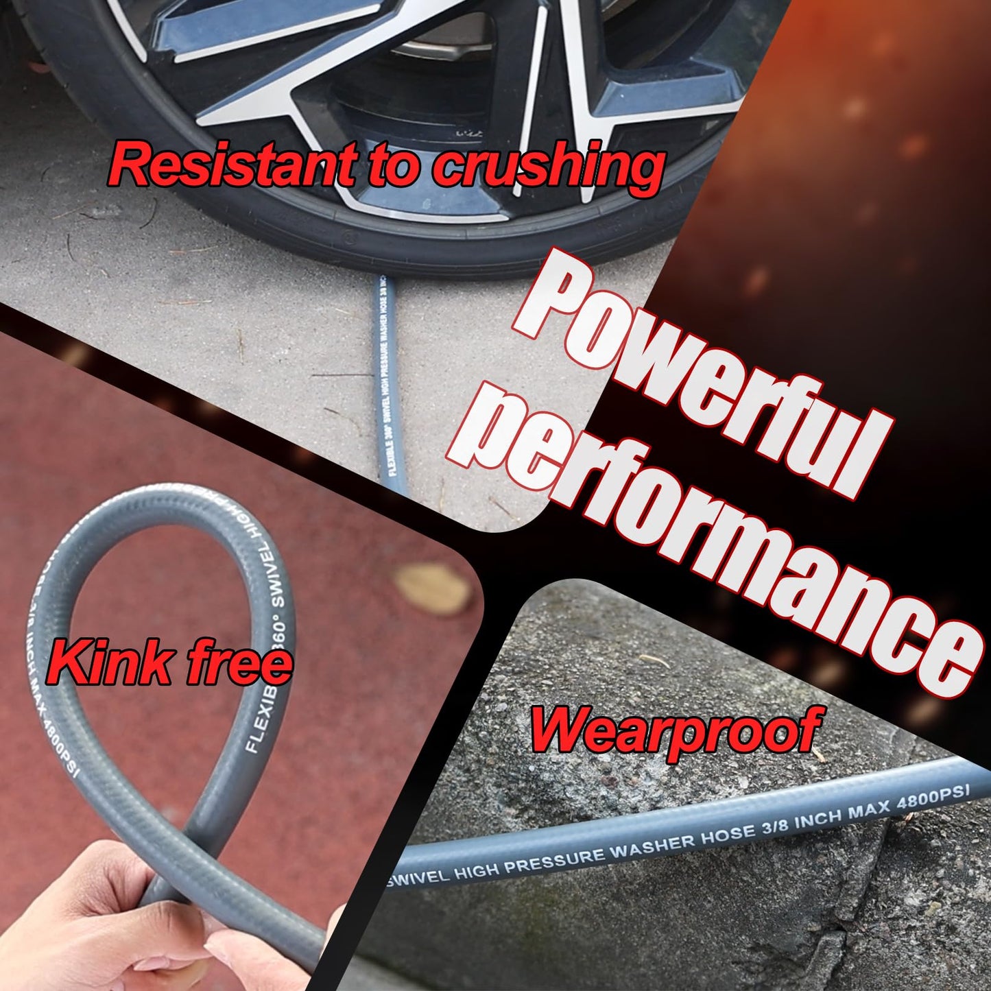 VIVIDWASH Kink-Resistant 3/8" Pressure Washer Hose 4800PSI(150FT),Steel Wire Braided Wear Resistant Rubber for Commercial, Industrial and Residential Use,Hot&Cold Water Hose with 3/8" Quick Connect