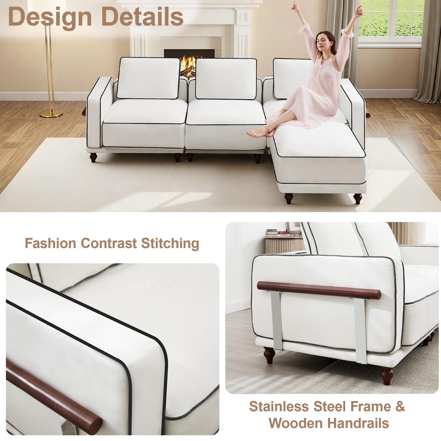 112" 3 Seater Cloud Couch with Ottoman,Modular Sectional L Shaped Sofa with Armrests Wooden Legs,Oversized Deep Seat Comfy Thicked Cushion Upholstered Sofa for Living Room Bedroom,White