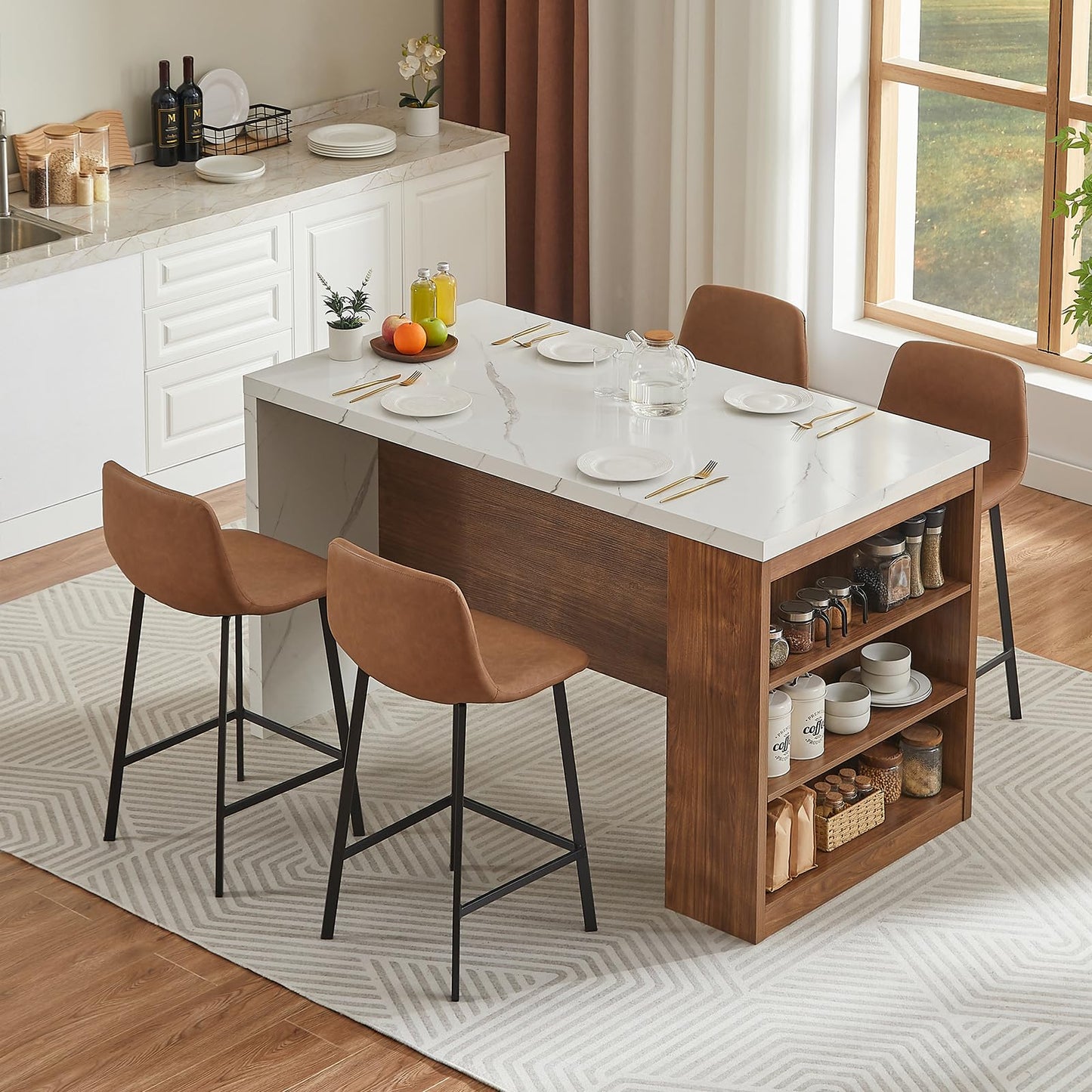 ONBRILL 61"*31" Whole Board of Tabletop Kitchen Island Table with Storage Space, Power Outlet & LED Lights, Modern Imitation Marble Large Counter Height Dining Table for 4 (White)