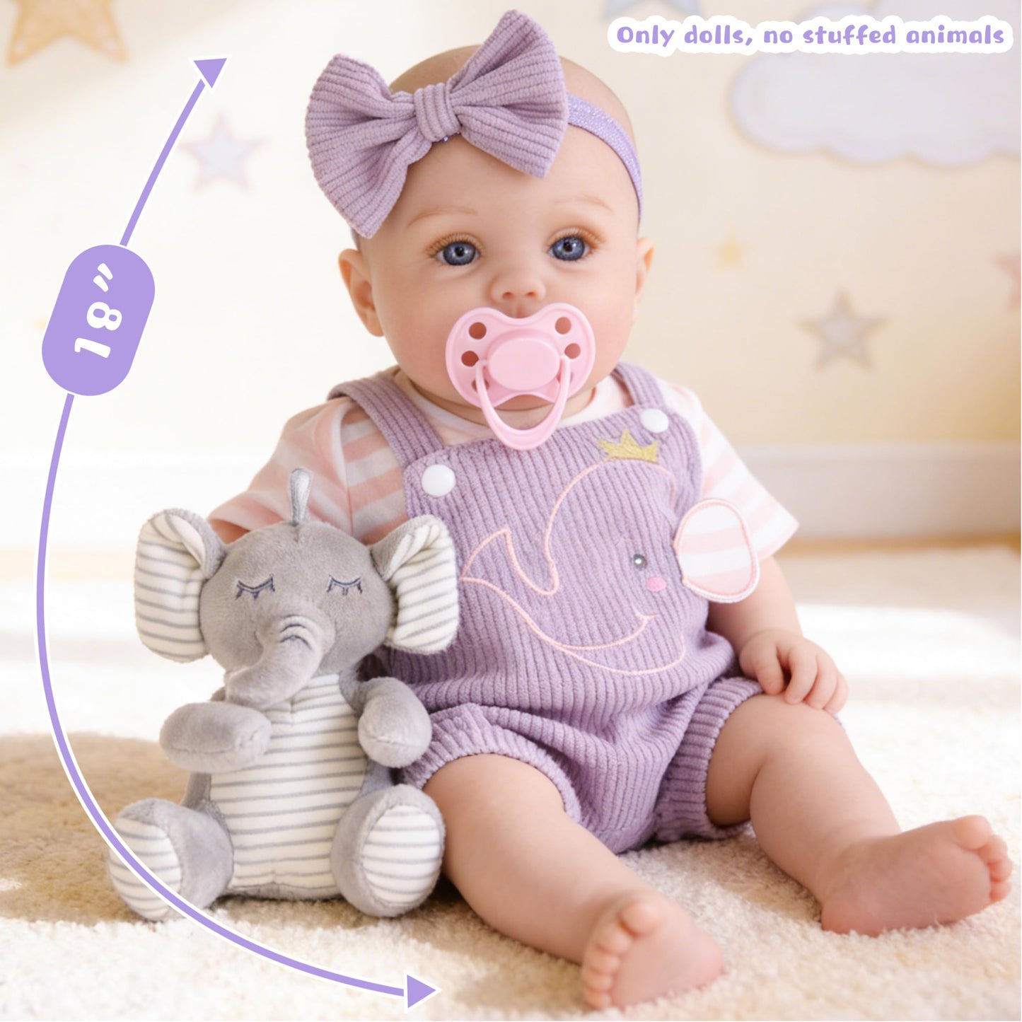 EKOKIZ Lifelike Reborn Baby Dolls - 18 Inch Realistic Baby Doll Cloth Body Newborn Girl with Elephant Outfit & Accessories, Gift Box Included for Kids Role Play, Cuddling & Collectors