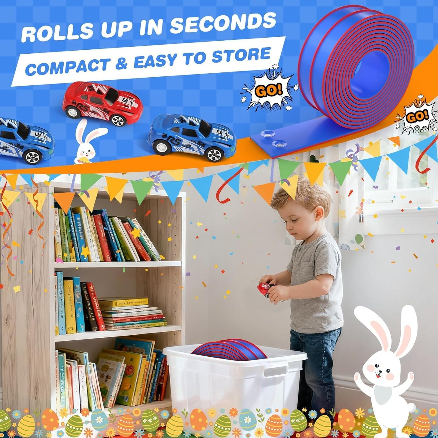 DKOXT 15 Ft Flexible Race Track for Kids, DIY Car Track Set with 2 Toy Cars & 3 Suction Cup Ramps, Easter Basket Stuffers for Teens & Boys Girls, Creative Easter Gifts for Kids, Blue & Red