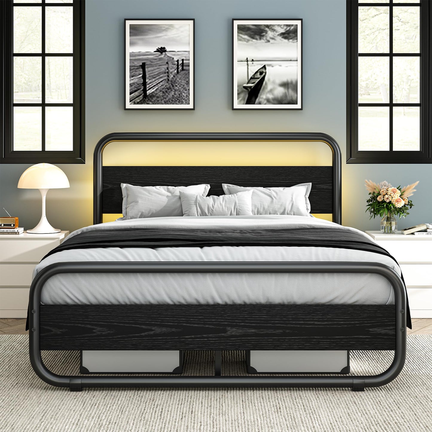 Catrimown Queen Bed Frame with LED Lights, Heavy Duty Metal Rustic Platform Bed Frame Queen Size, with Headboard, Under Bed Storage, Noise Free, No Box Spring Needed, Black