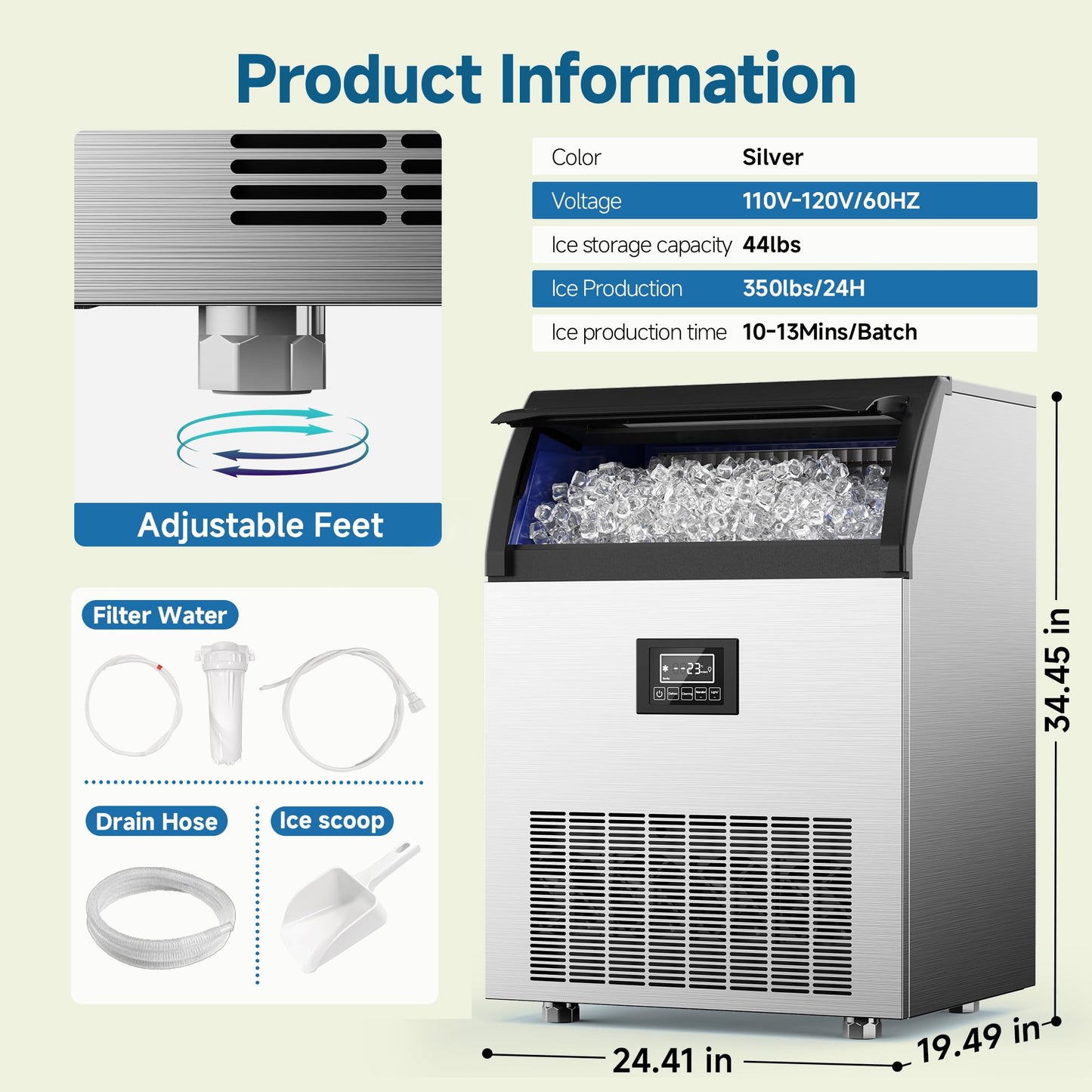Under Counter Commercial Ice Maker, 300 lbs/24H Freestanding Ice Machine with Water Filter, 33 lbs Storage Capacity, Perfect for Home, Bar, Cafe, and Restaurant Use
